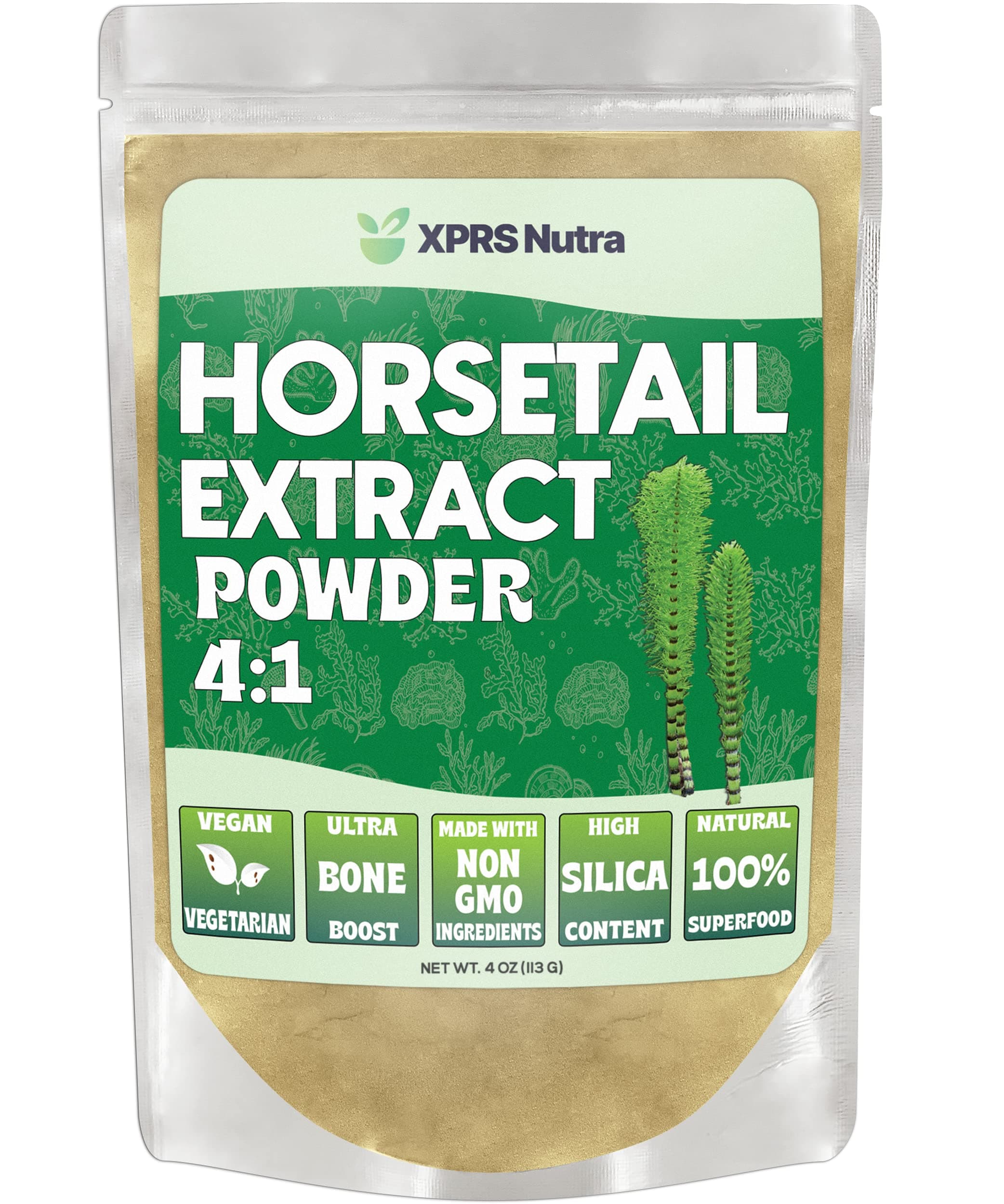 XPRS Nutra Horsetail Extract Powder for Hair, Nails, and Bones - High Potency Horsetail Root Powder - High Silica Content for Maximum Results - Vegan Friendly Horstail Extract (4 oz)