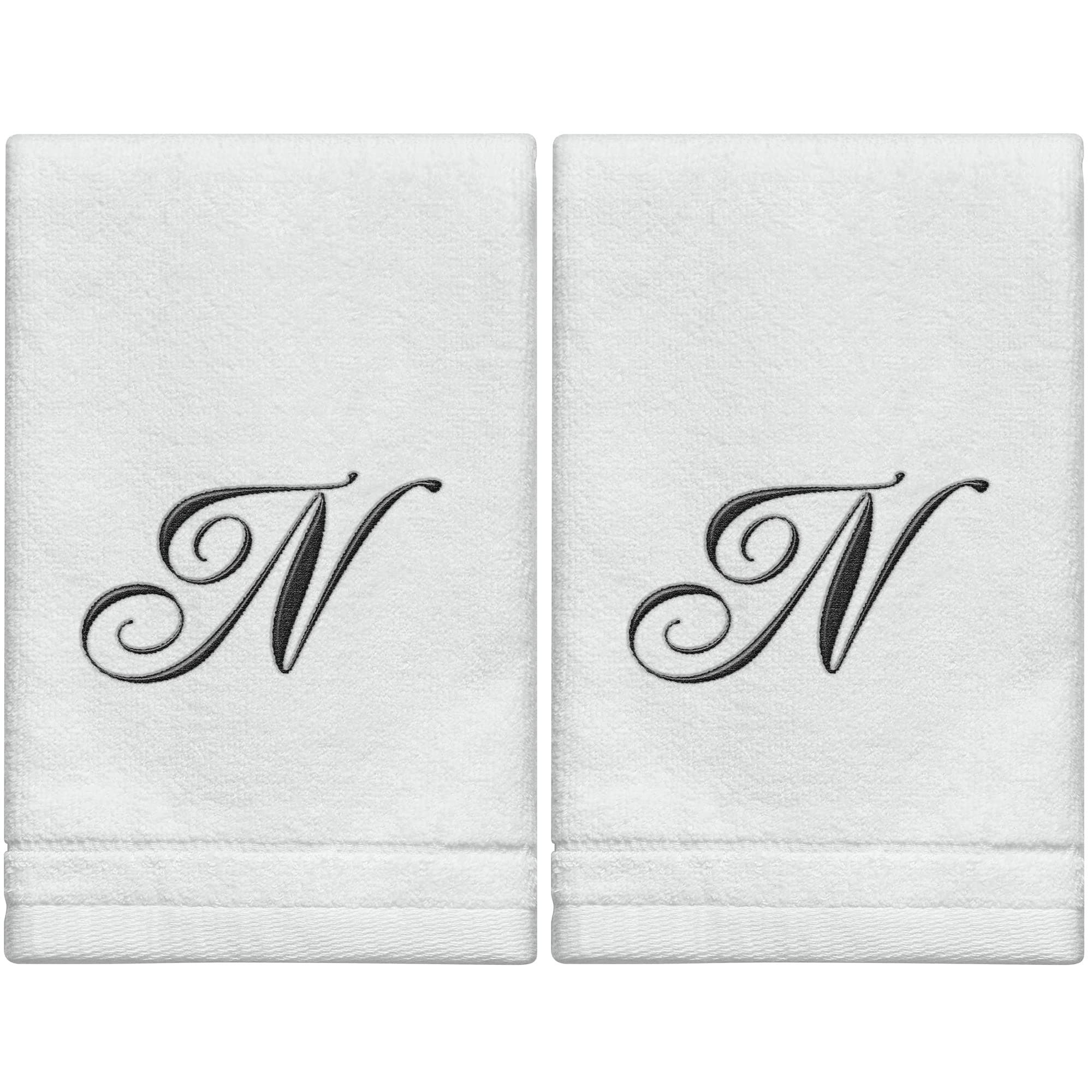 Monogrammed Towels Fingertip, Personalized Gift, 11 x 18 Inches - Set of 2- Black Embroidered Towel - Extra Absorbent 100% Cotton- Soft Velour Finish - For Bathroom/ Kitchen/ Spa- Initial N (White)