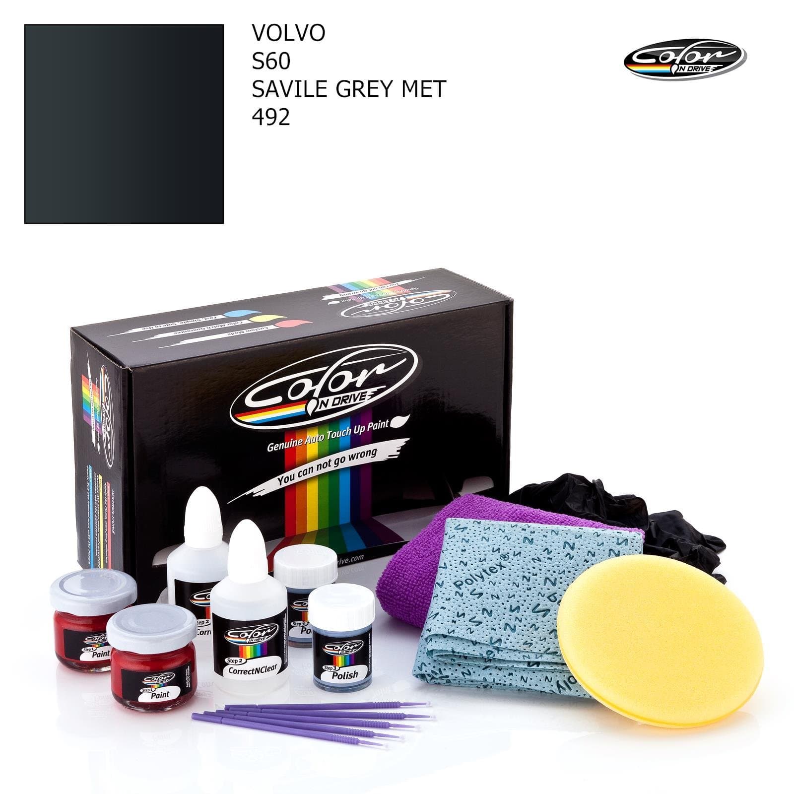 VOLVO S60 / SAVILE GREY MET - 492 / COLOR N DRIVE TOUCH UP PAINT SYSTEM FOR PAINT CHIPS AND SCRATCHES / BASIC PACK