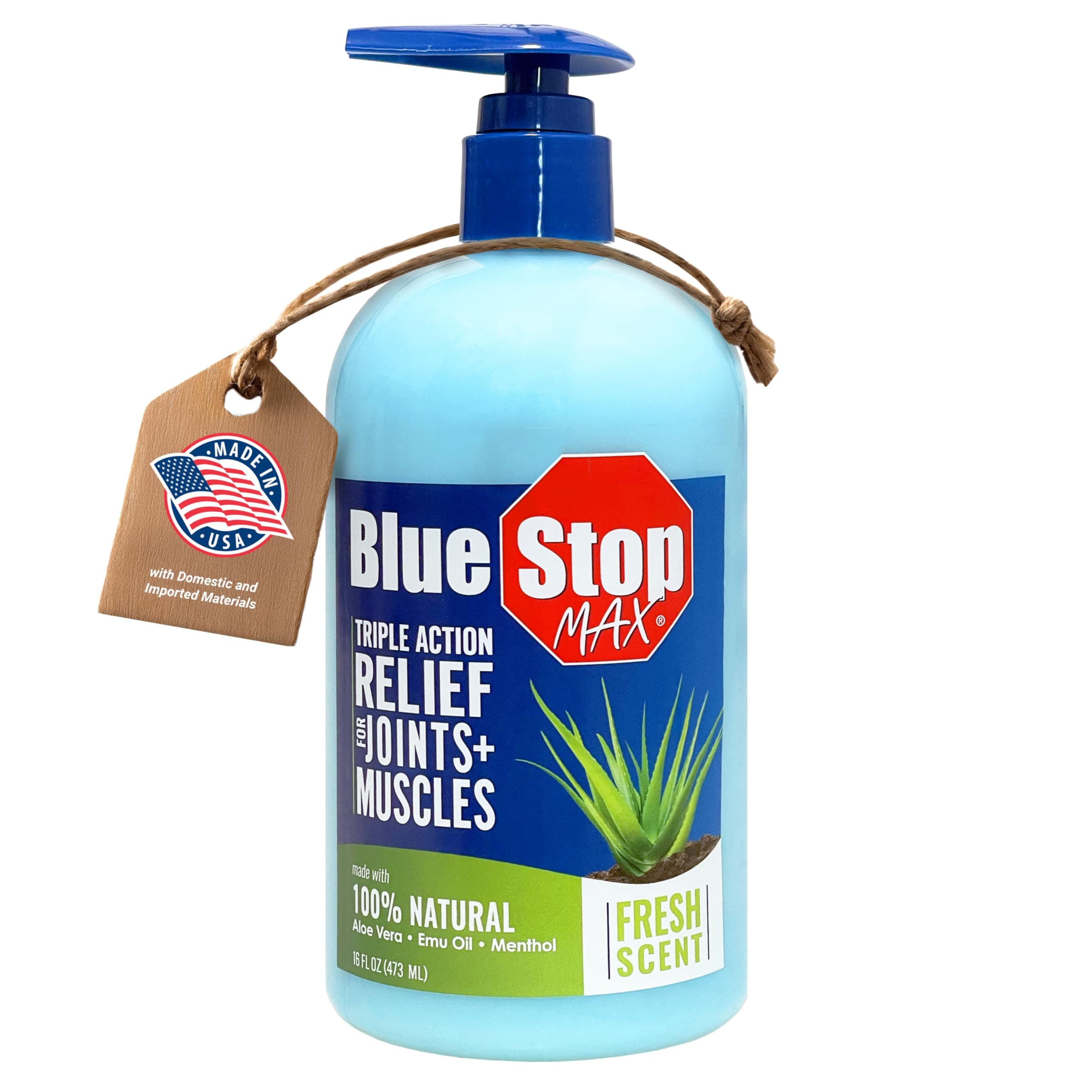 Blue Stop Max Muscle & Joint Relief Gel: Fast-Acting Sore Muscle, Back & Neck Relief Cream, Numbing Emu Oil Formula for Ankle, Leg Cramps, Tennis Elbow - 16 Oz Pump Bottle