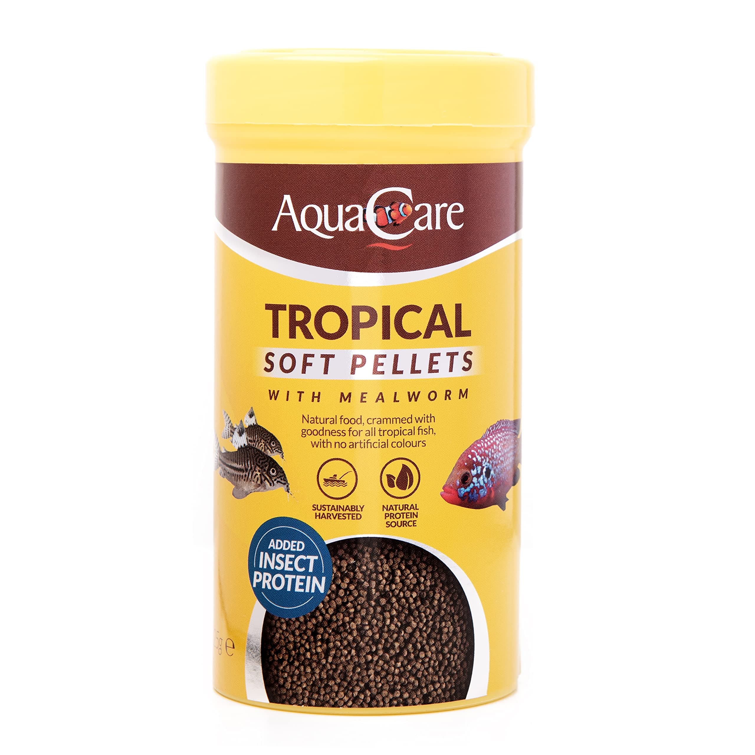 AquaCare Tropical Fish Food Pellets Complete and Varied Food for All Tropical Fish with Mealworm (125g)