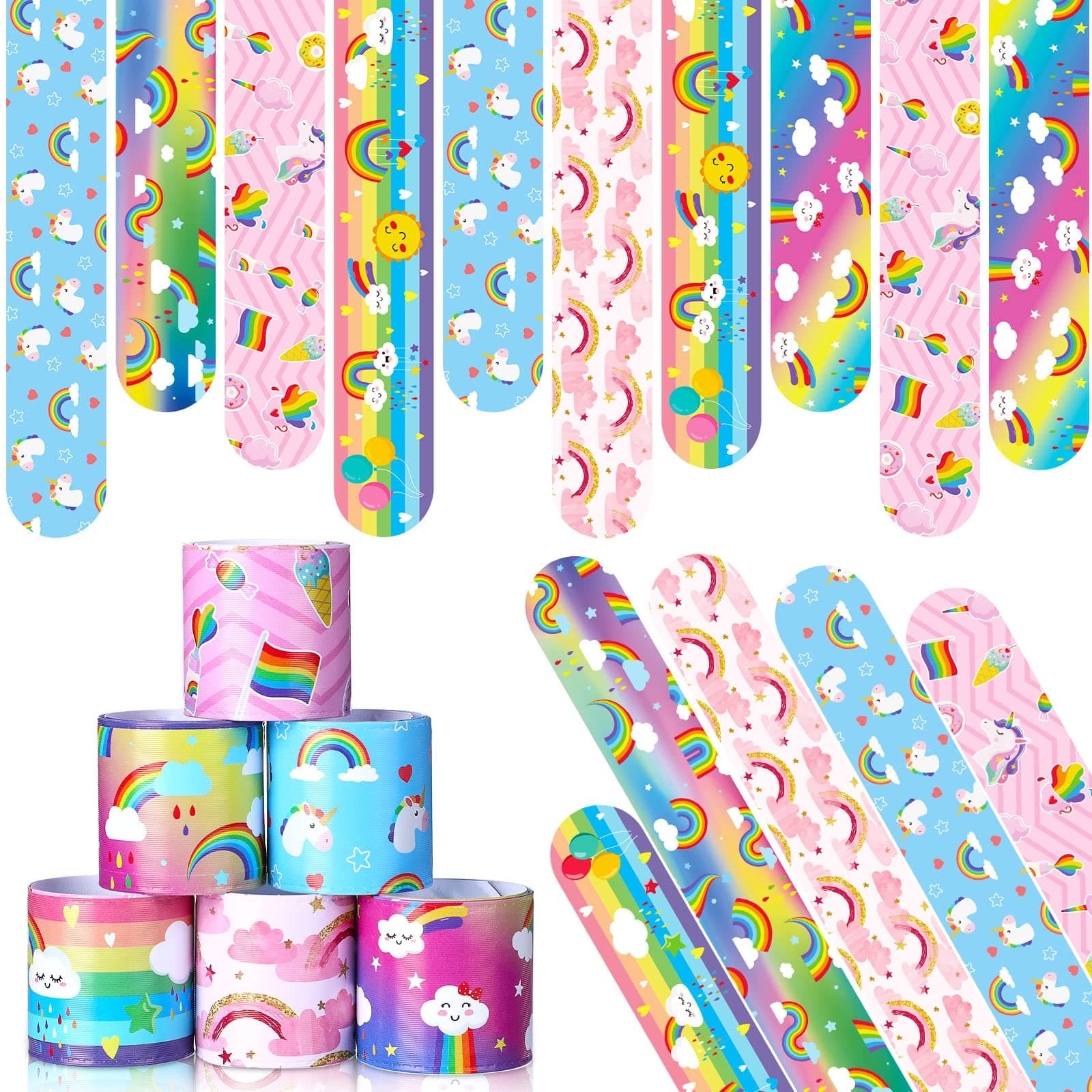 Junkin 24 Pcs Rainbow Slap Bracelets Party Favor for Kids Wristbands Bracelets Unicorn Rainbow Decoration for Girl Boy Cloud Magical Baby Shower Party Supplies(Lovely)