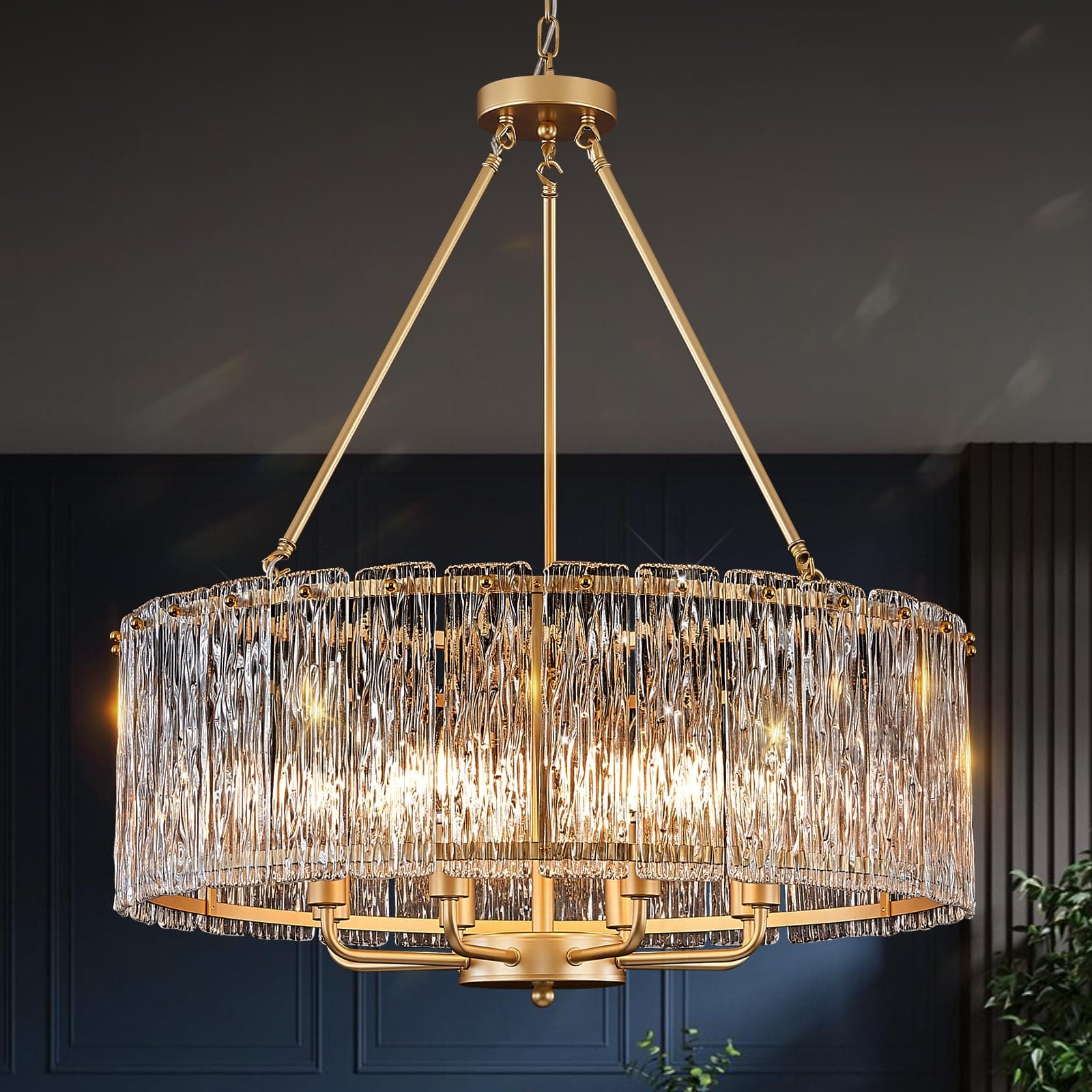 Gold Drum Chandelier 24.4" Modern Crystal Glass Chandeliers Luxury 8-Light Pendant Ceiling Chandelier Lighting for Dining Room Foyer Living Room Bedroom