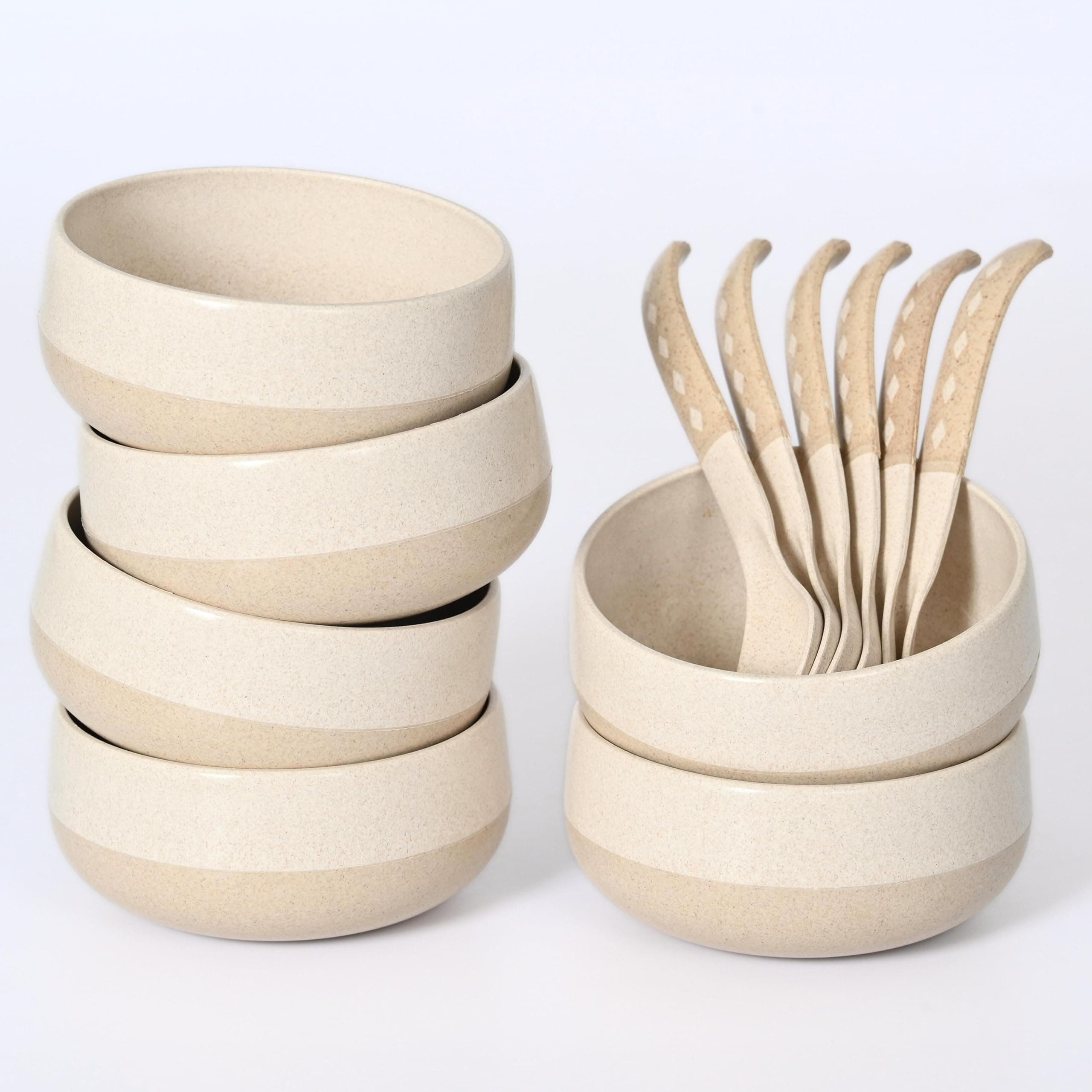 Eha Earth-Friendly Soup Bowls with Spoons Set of 6 | 250 ml | Made with Rice Husk Biocomposite | Microwave Safe Bowl | Serving Bowl Set | Sand Castle