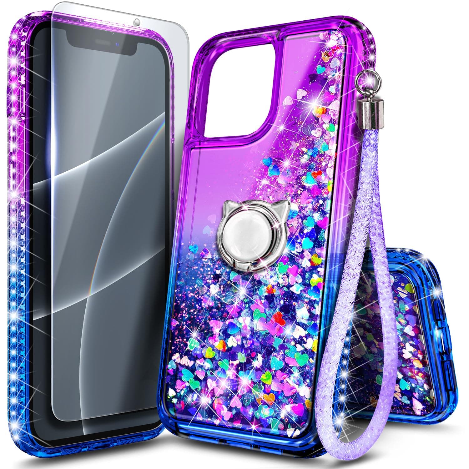 NGB Designed for iPhone 11 Pro-Max Case, Purple/Blue | Glitter Liquid Sparkle Cute Cover for Women Girls Kids | with Tempered Glass Screen Protector & Ring Holder & Wrist Strap