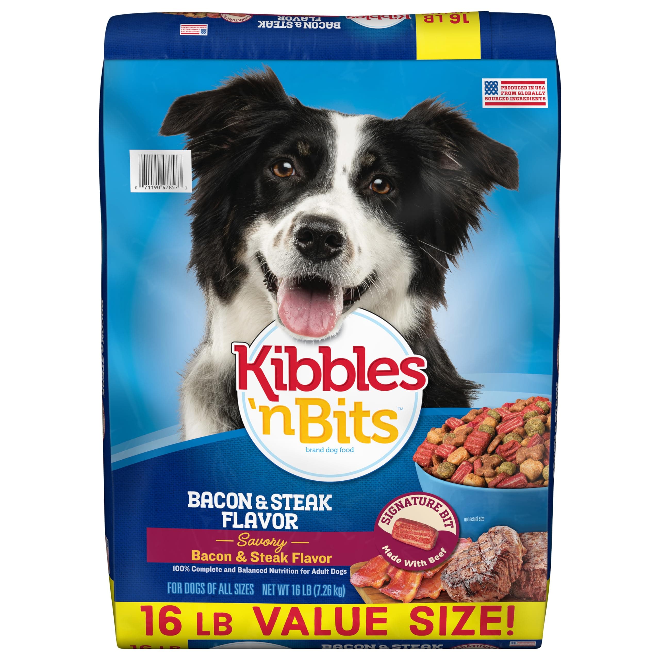 Kibbles 'n Bits Dry Dog Food, Savory Bacon & Steak Flavor for Adult Dogs 16 lb. Bag