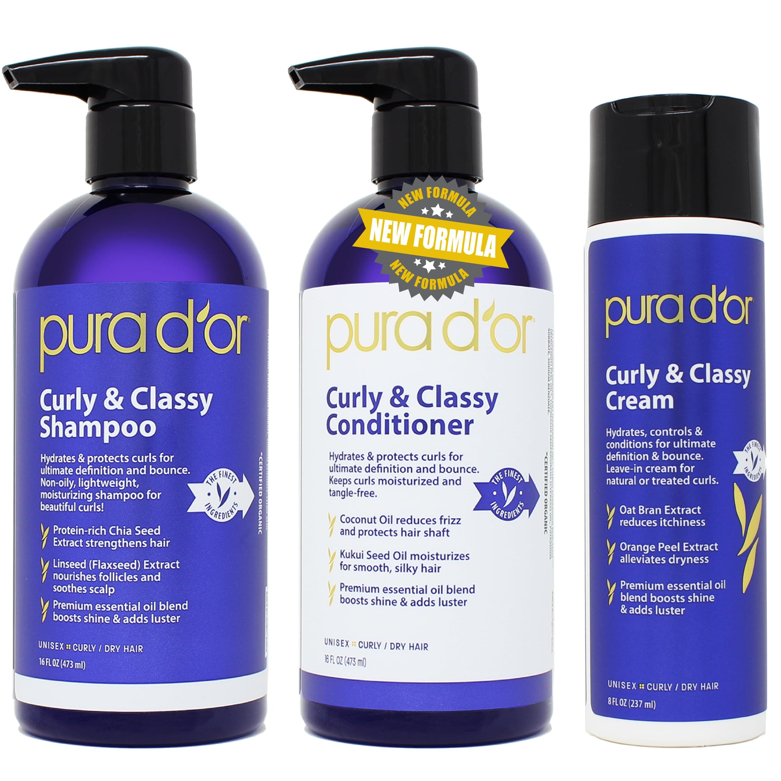 PURA D'OR Curly & Classy 3-Piece Complete Set (Shampoo, Conditioner, Cream) For Luscious & Defined Curls, Nourishing Formula with Argan Oil, Castor Oil, Geranium Oil, Coconut Oil & Kukui Seed Oil