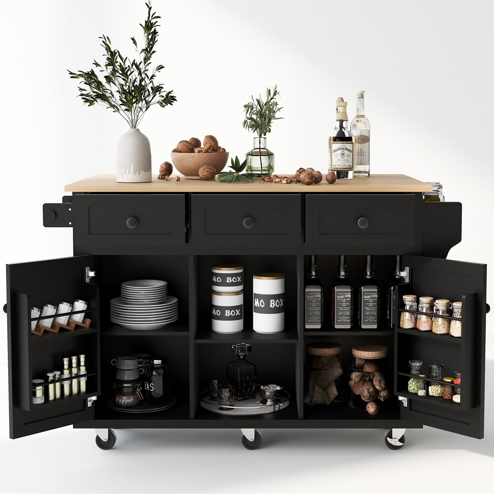 LUMISOL Kitchen Island with Drop Leaf, Rolling Kitchen Cart on Wheels with 3 Drawers and 2 Cabinets, Wood Portable Trolley Island with Door Storage Racks, for Dinning Room, Black