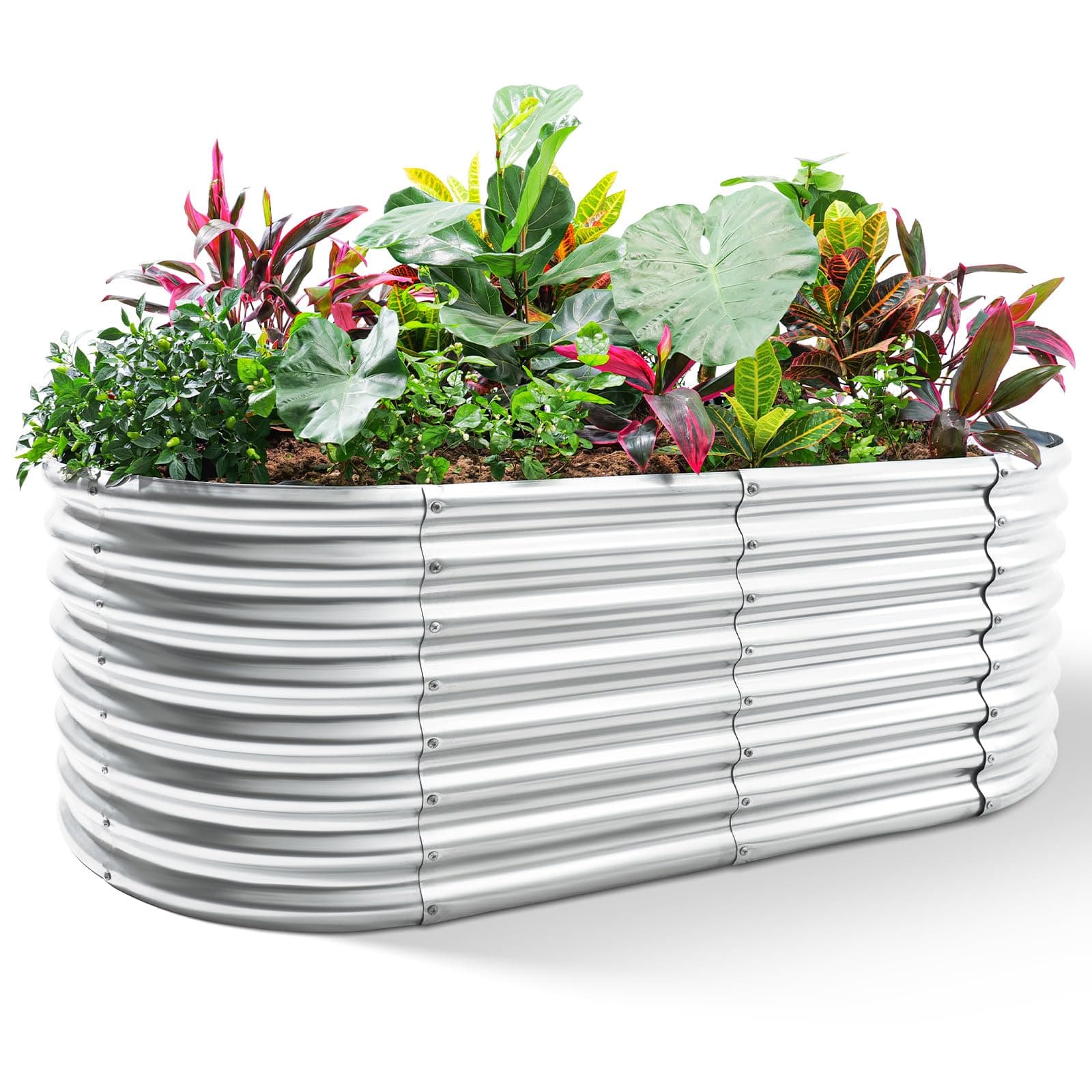 24“ Tall Galvanized Raised Garden Bed Kit, Galvanized Planter Garden Boxes Outdoor, Oval Large Metal Raised Garden Bed for Vegetables (Classic Silver, 4×2×2ft)