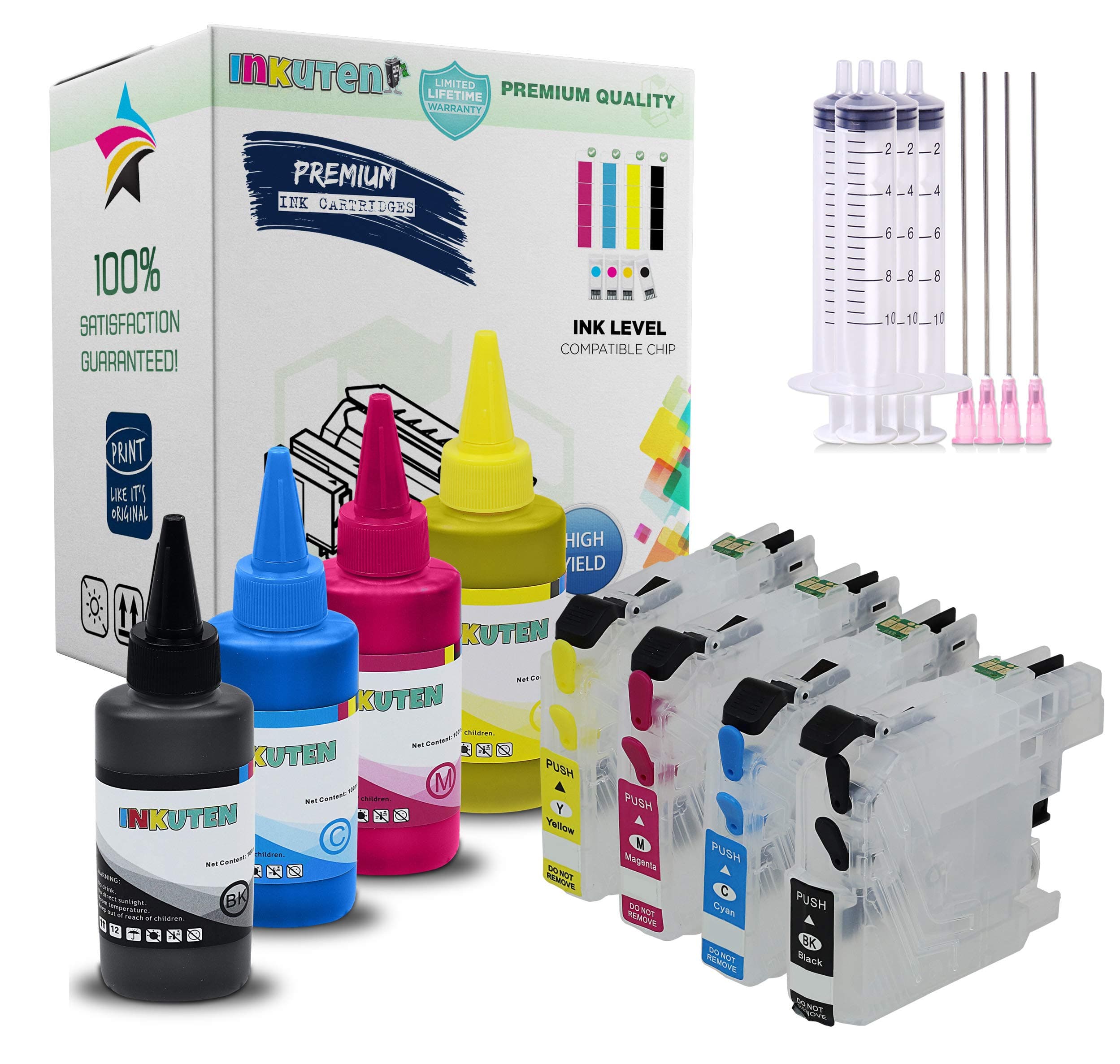 INKUTEN 4 Refillable Cartridges for Brother LC3019 with 4x100ml Dye Ink, Work on Brother MFC-J6930DW MFC-J6530DW MFC-J5330DW MFC-J6730DW Printer