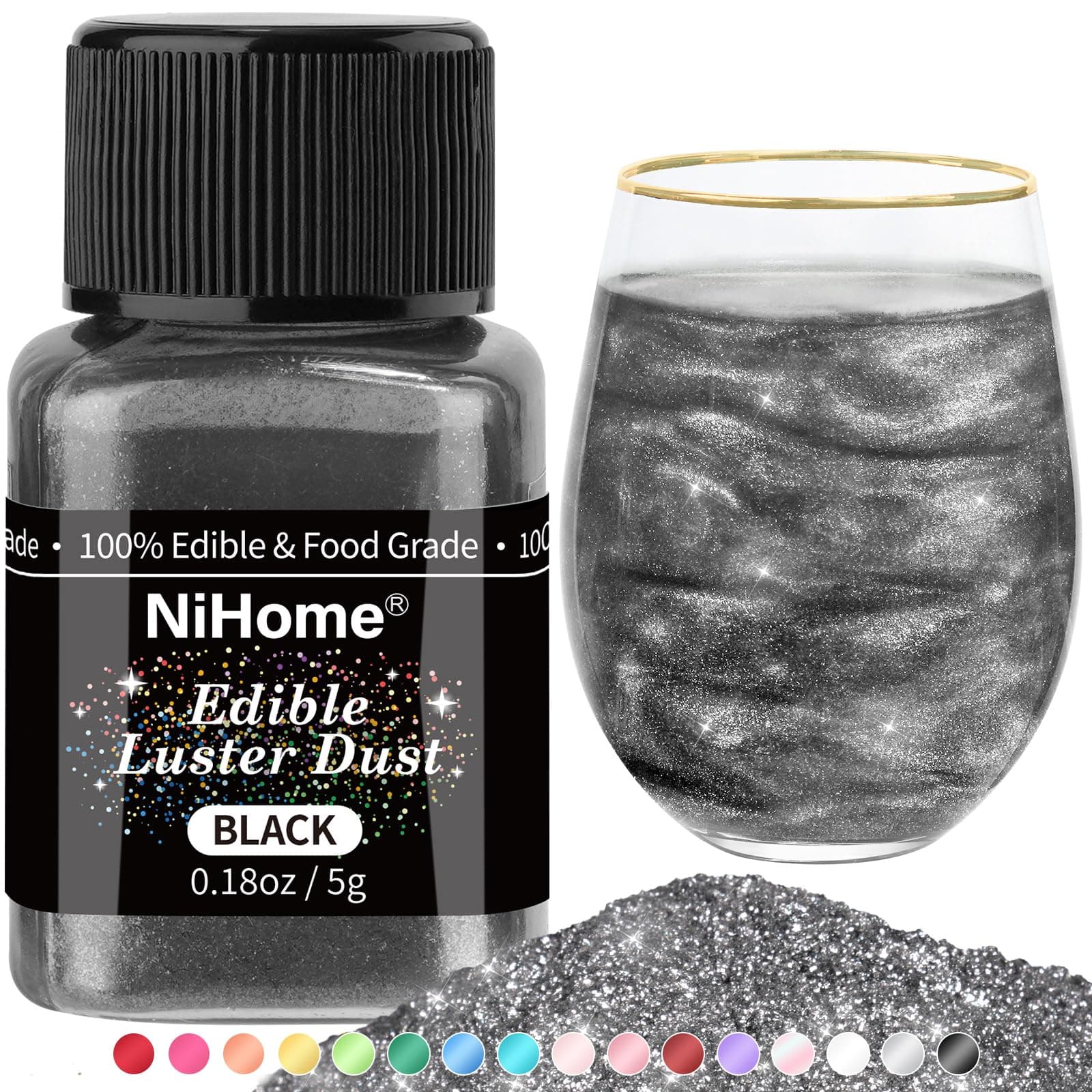 NiHome Edible Luster Dust Glitter Powder Metallic Fancy Food Decorating Sprinkle Glimmery Brew Dust for Drink Wine Beverage Cake Dessert Home Bakery Restaurant Vegan Allergen-Free (Black, 5g/0.18oz)