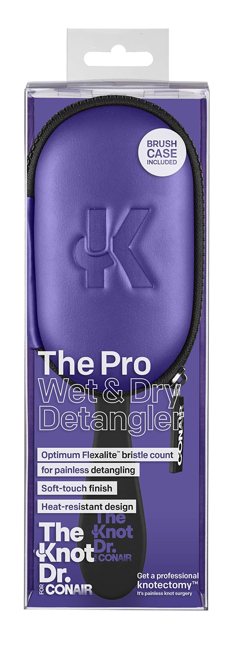 The Knot Doctor for Conair Premium Pro Detangling Hair Brush for Wet or Dry Hair with Purple Storage Case, 1 Count