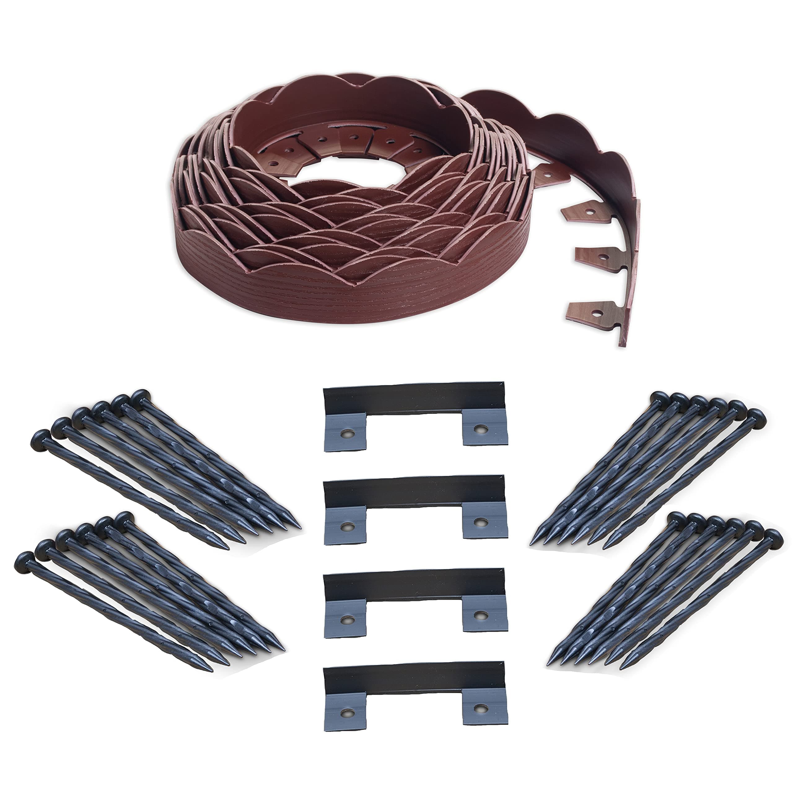 EasyFlex Decorative No-Dig Landscape Edging with Anchoring Spikes, 2.5 in. Tall Scalloped Top Garden Border with Woodgrain Texture, 40 Foot Kit, Red (3210RDE-40C)