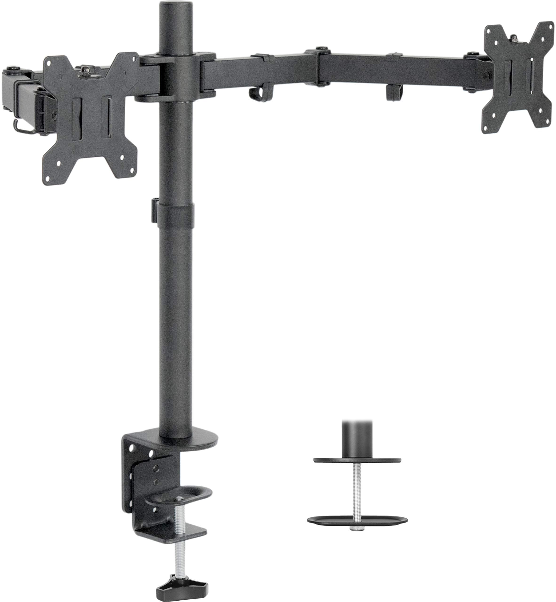 Dual LCD LED Monitor Desk Mount Stand with C-clamp and Bolt-Through Grommet Options | Heavy Duty Fully Adjustable Arms Hold Two (2) Screens up to 27" (STAND-V002)