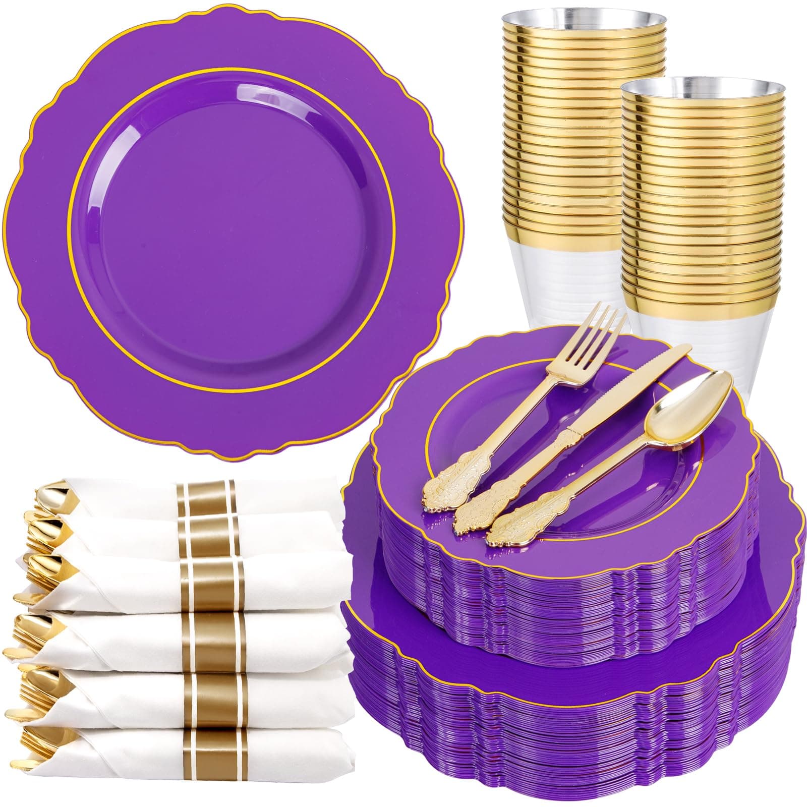 Liacere 350PCS Purple Plastic Plates-Disposable Purple and Gold Plates 50 guest Baroque Plastic Dinnerware include 100Plates,50Pack Pre Rolled Napkins with Silverware 50Cups for Halloween