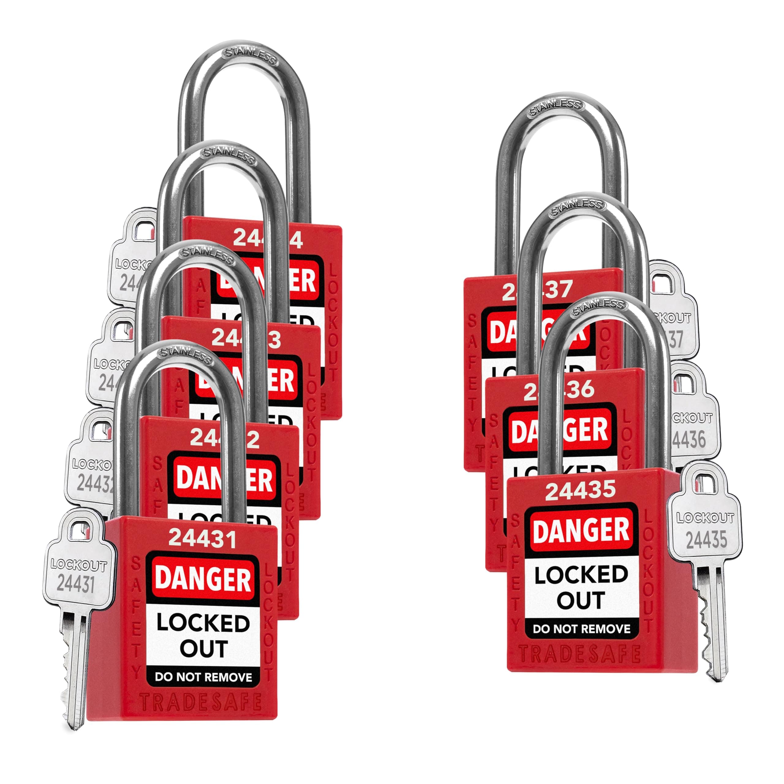 TRADESAFE Lockout Tagout Locks Set - 7 Red Loto Locks, Lockout Locks Keyed Different, 1 Key Per Lock, OSHA Compliant Lock Out Tag Out Padlocks, Safety Padlocks for Electrical Lockout Tag Out Kits