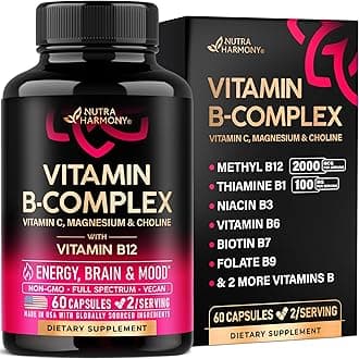 Vitamin B Complex for Men & Women - Riboflavin B2, B12, B1, B3, B5, B6, B7, B8, B9 | Vitamin C, Choline, Inositol - B-Complex Supplement - Energy, Brain & Heart Support - Made in USA, 60 Vegan Caps