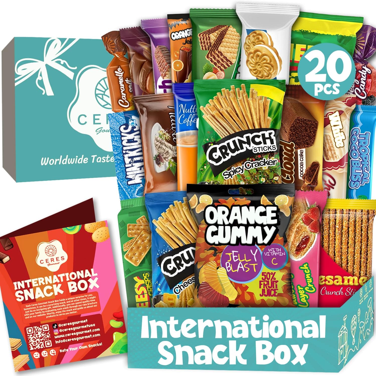 International Exotic Snack Box Variety Pack, 20 Count Premium Foreign Rare Snack Food Gifts with Suprise Item for Fun, Mystery Box of Snacks, European Snacks for Adults and Kids for Christmas Thanksgiving and More