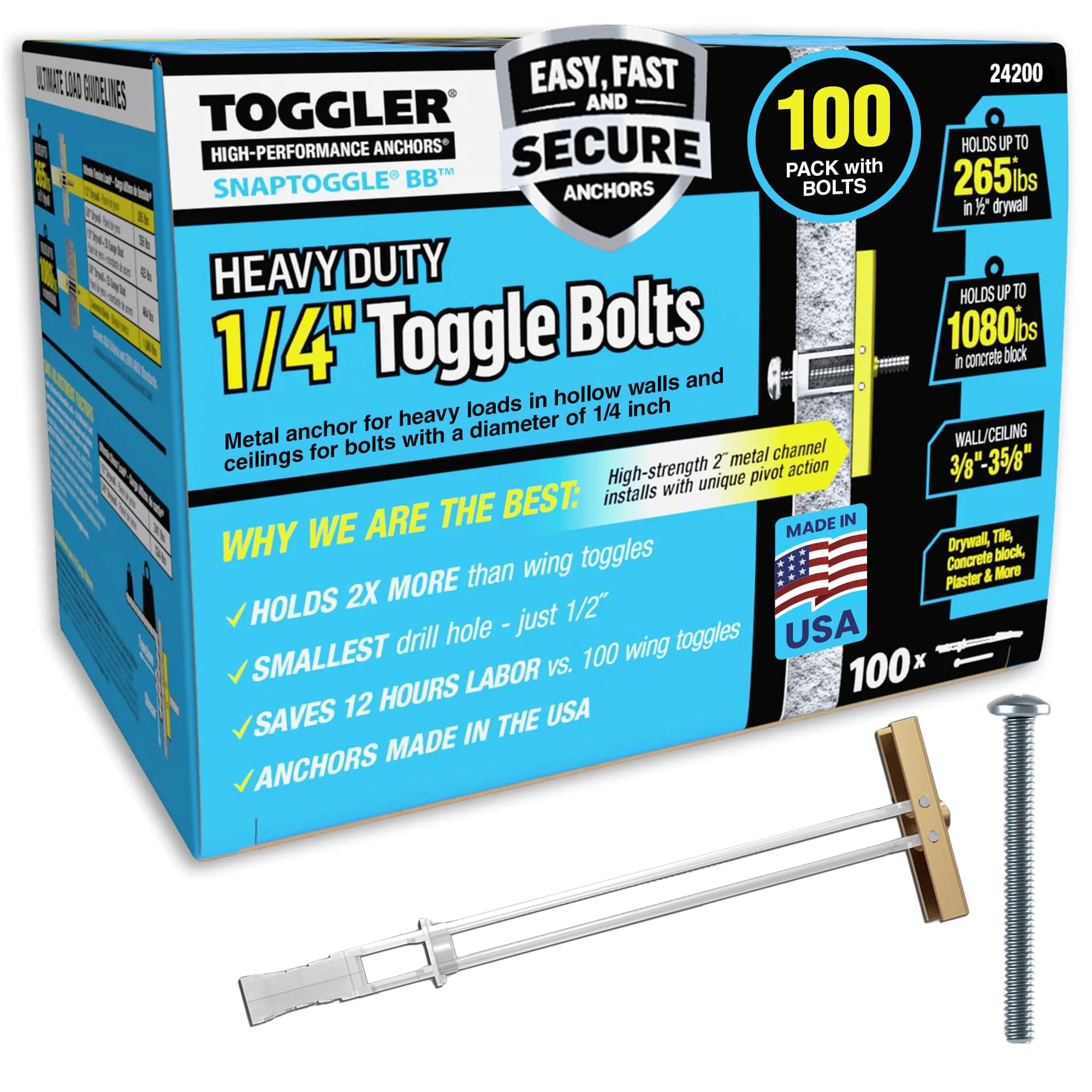 TOGGLER SNAPTOGGLE Drywall Anchor 100-Pack 1/4-in Dia Toggle Bolt ; Holds 265 pounds Each in 1/2-in Drywall by TOGGLER(2.5 inch Bolts Included)