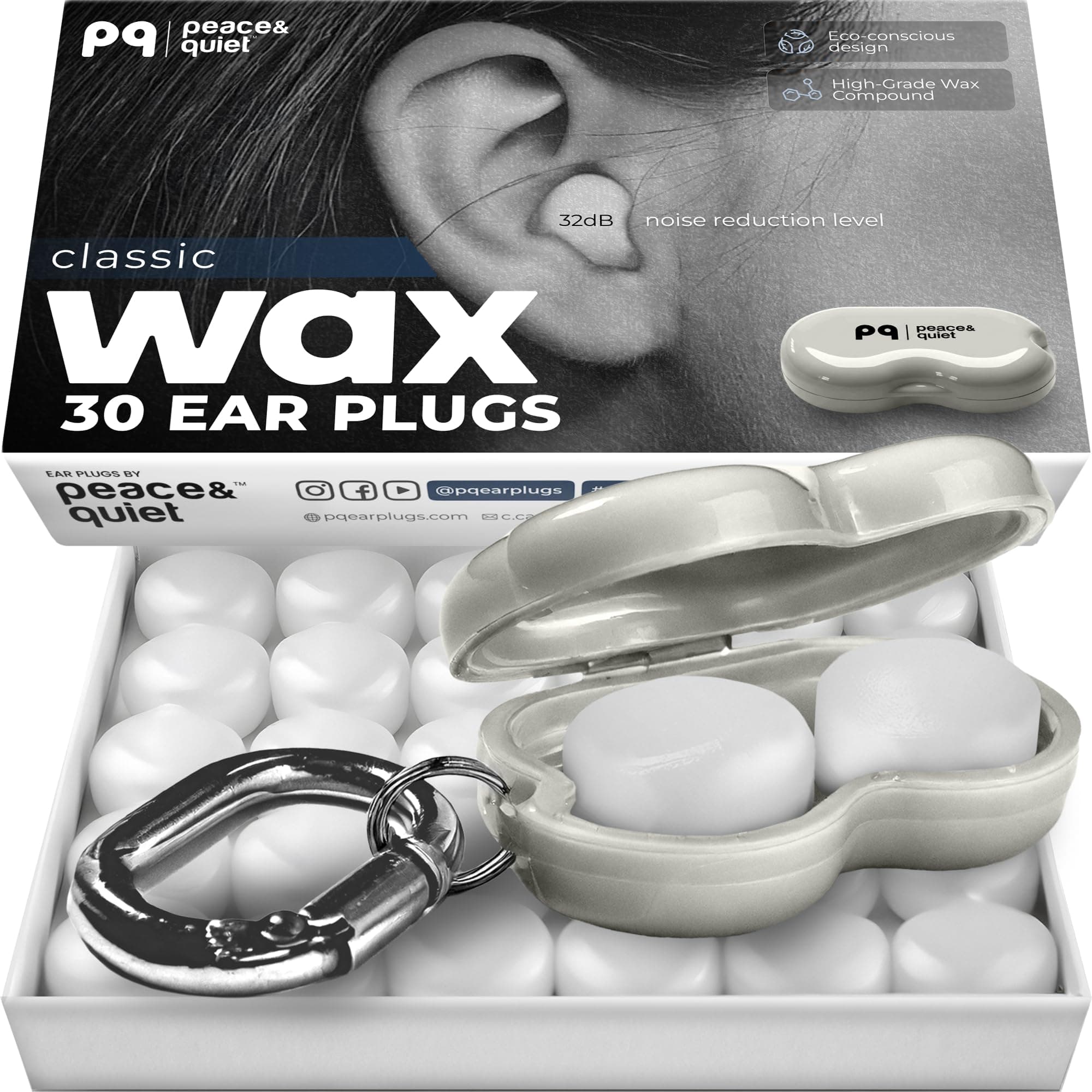 Peace&Quiet PQ Wax Ear Plugs for Sleeping - 30 Silicone Wax Earplugs for Sleeping and Swimming, Gel Ear Plugs for Noise Cancelling, Sound Blocking Level of 32 Db (30 Pillows), Color: White