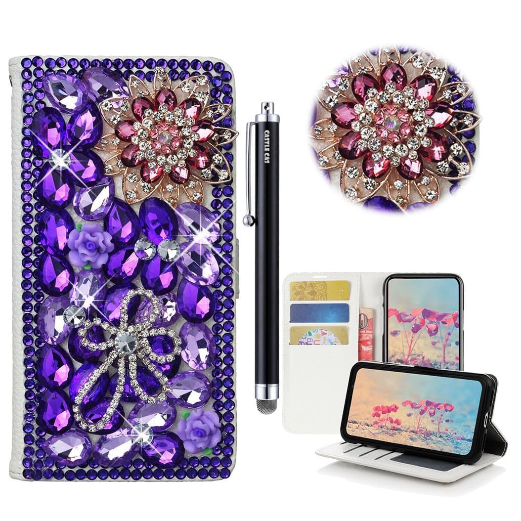 LG Tribute 5 Case, LG Escape 3 Bling Wallet Case - Castle Cas 3D Handmade Sparkle Crystal Luxury Flowers PU Leather Anti-Scratch Card Slots Bumper Design Cover Case - Deep Purple