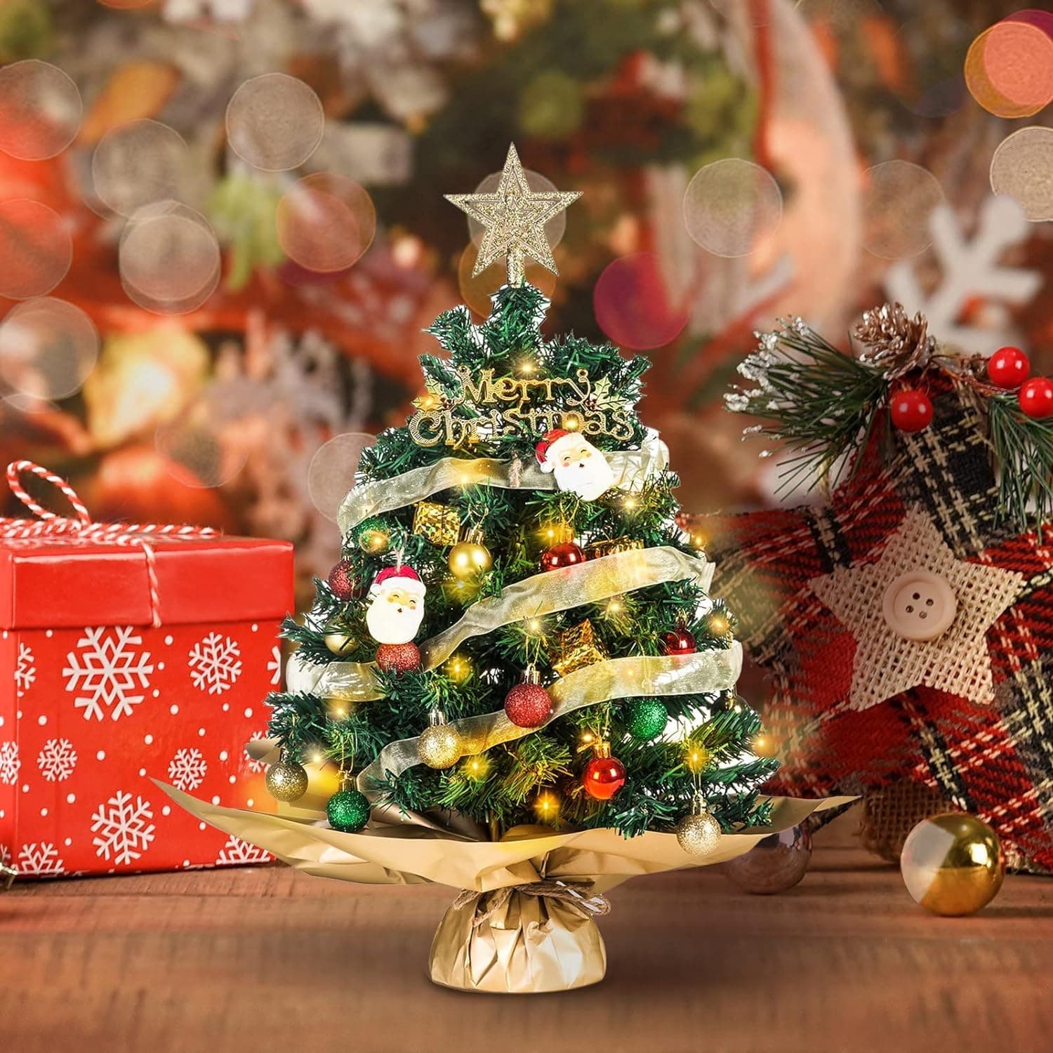 Small Christmas Tree with lights and ornaments Santa Tree Seasonal Holiday Decoration Tree for Home, Office, Party（50 cm）