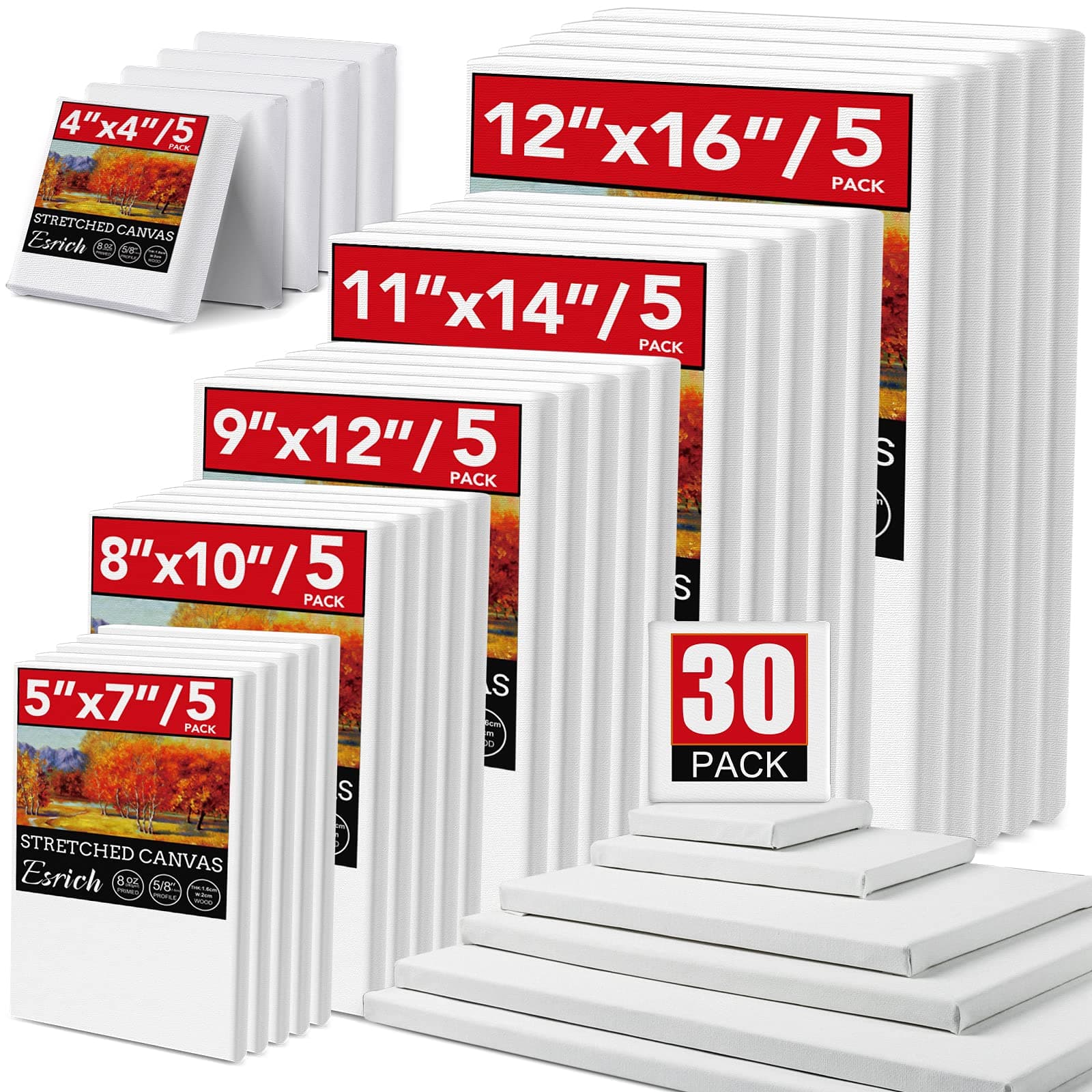 30 Pack Canvases for Painting with 4x4“, 5x7”, 8x10“, 9x12”, 11x14“, 12x16”, Painting Canvas for Oil & Acrylic Paint