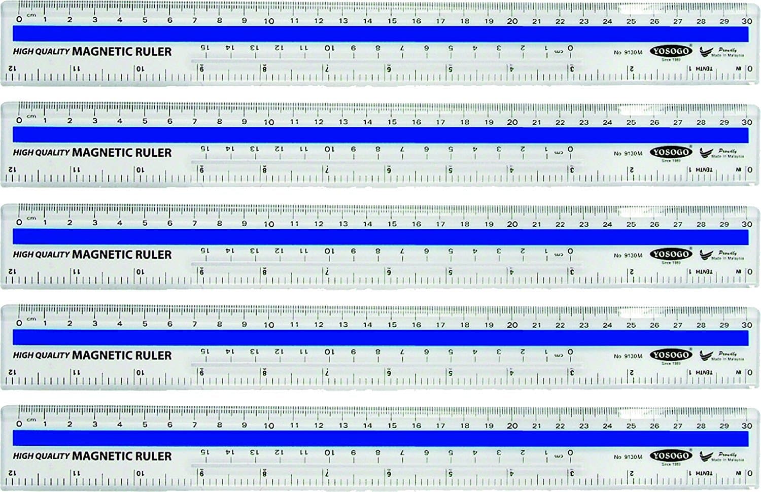 12 inch / 30 cm Magnetic Plastic Transparent Ruler - Pack of 5 by YOSOGO