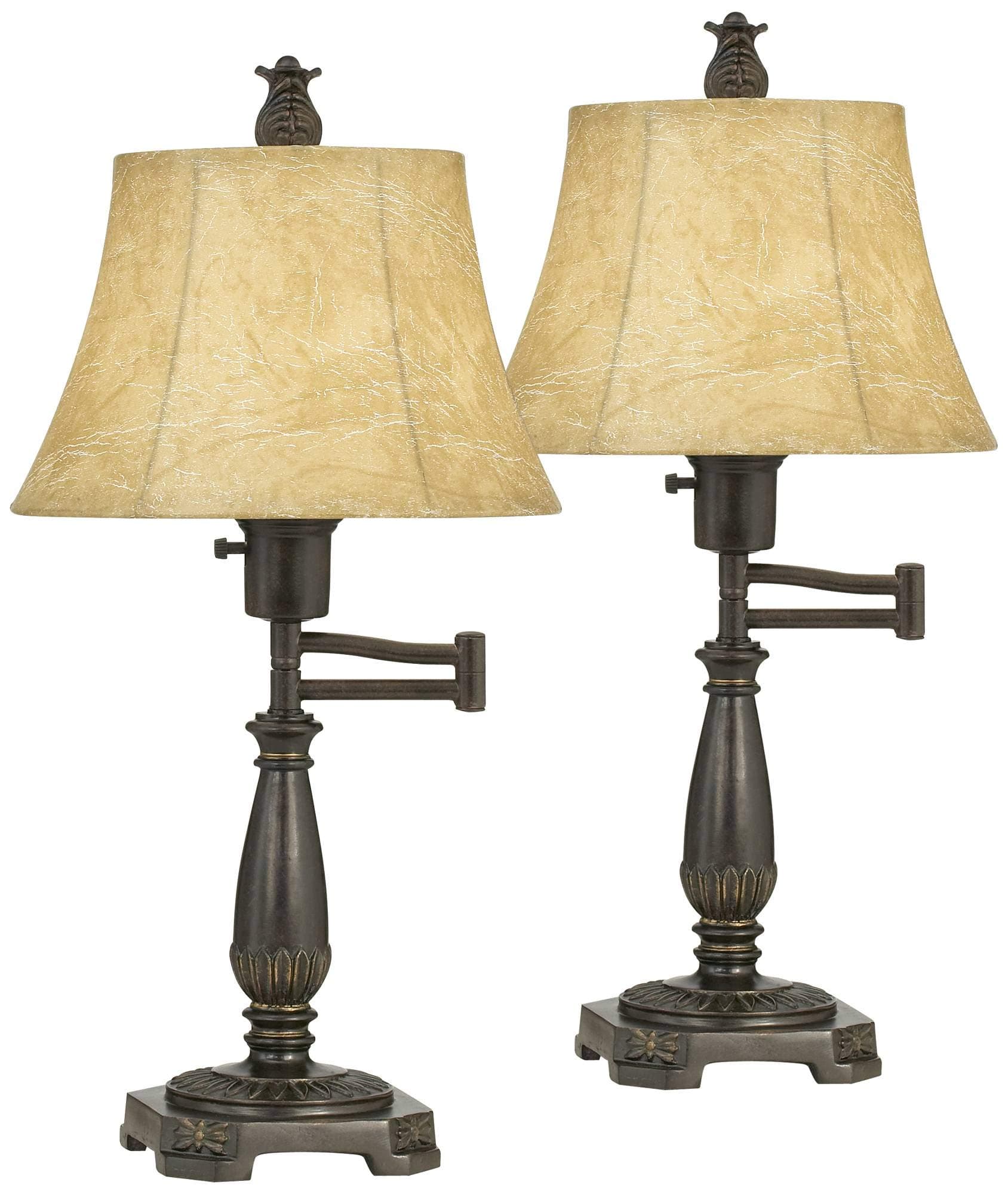 Regency Hill Traditional Rustic Natural Cottage Swing Arm Desk Table Lamps 22.5" High Set of 2 Bronze Brown Faux Leather Bell Shade Decor Living Room Bedroom House Bedside Nightstand Home
