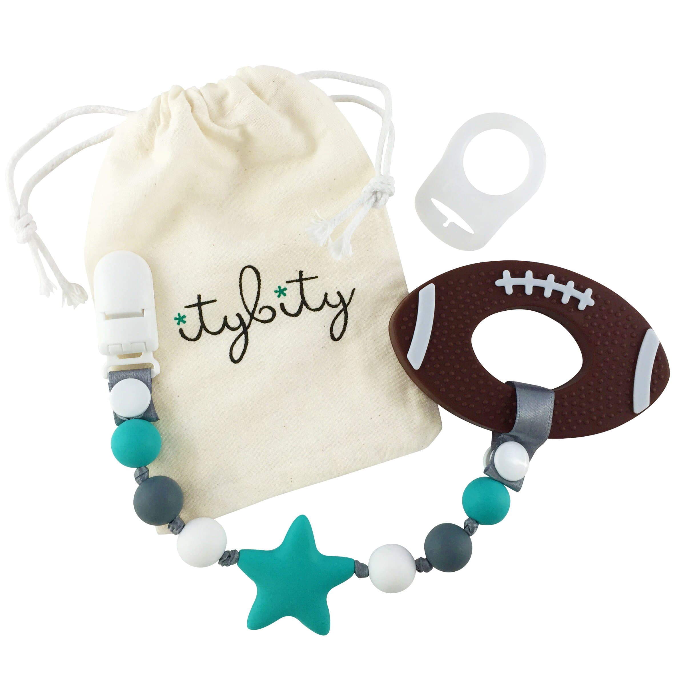 Football Baby Teething Toys with Pacifier Clip Teether, Baby Gift Set (Turquoise, Gray)