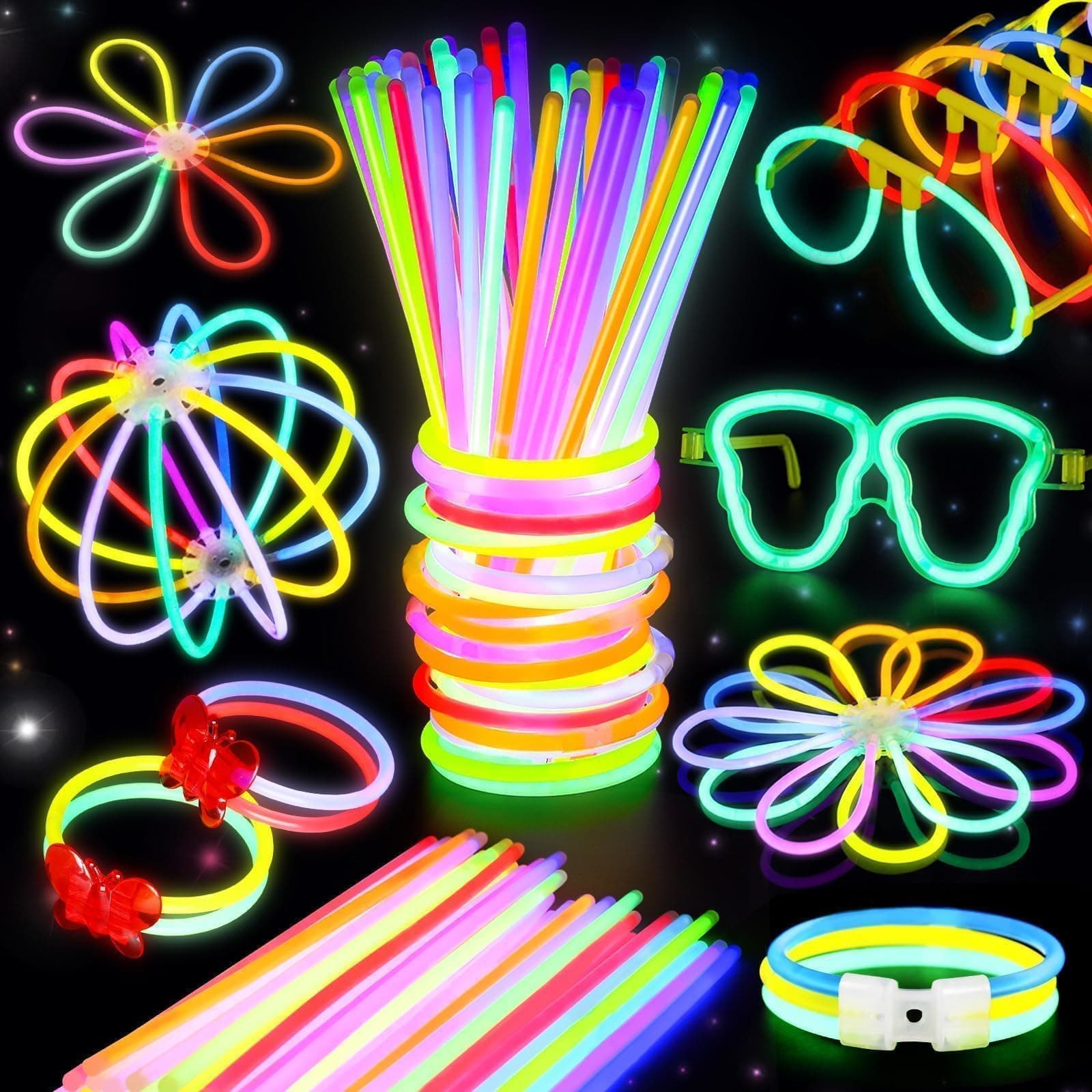 - BUDI 467Pcs Glow Sticks Party Favors for Kids Adults Glow in the Dark Party Supplies 4th of July Accessories Neon Decors 200 GlowSticks Bulk 8 Colors 8 Inch & 267 Connectors Necklace Bracelet Glasses