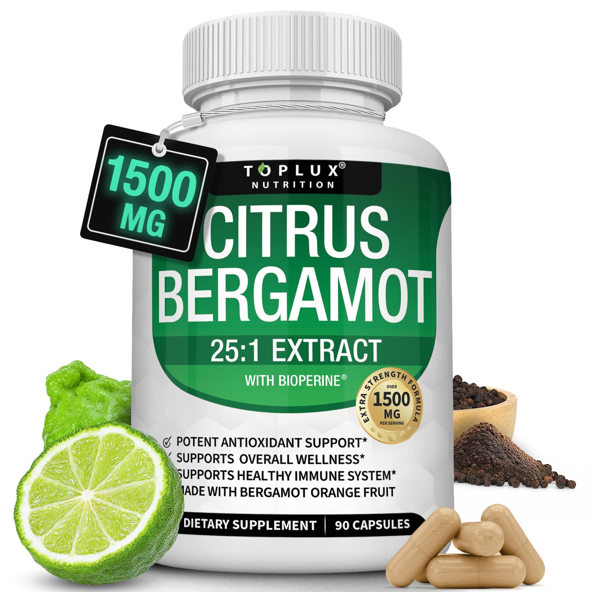 - Citrus Bergamot Supplement 1500mg - 25:1 Bergamot Extract to Support Overall Health, Immune System, Potent Antioxidant High Absorption Natural Vegan Non-GMO for Men Women, 90 Capsules