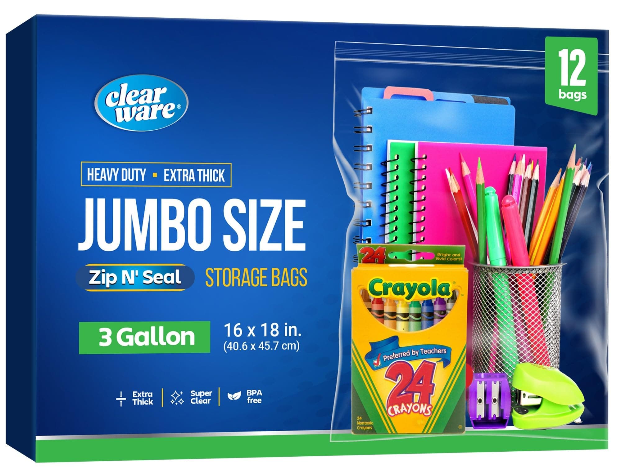 12 Large Zippered Storage Bags - 3 Gallon Size, 16" x 18", Extra Large Plastic for Clothing, Travel, Moving, Reusable Large Freezer Bags, BPA Free, 2 Mil Thickness