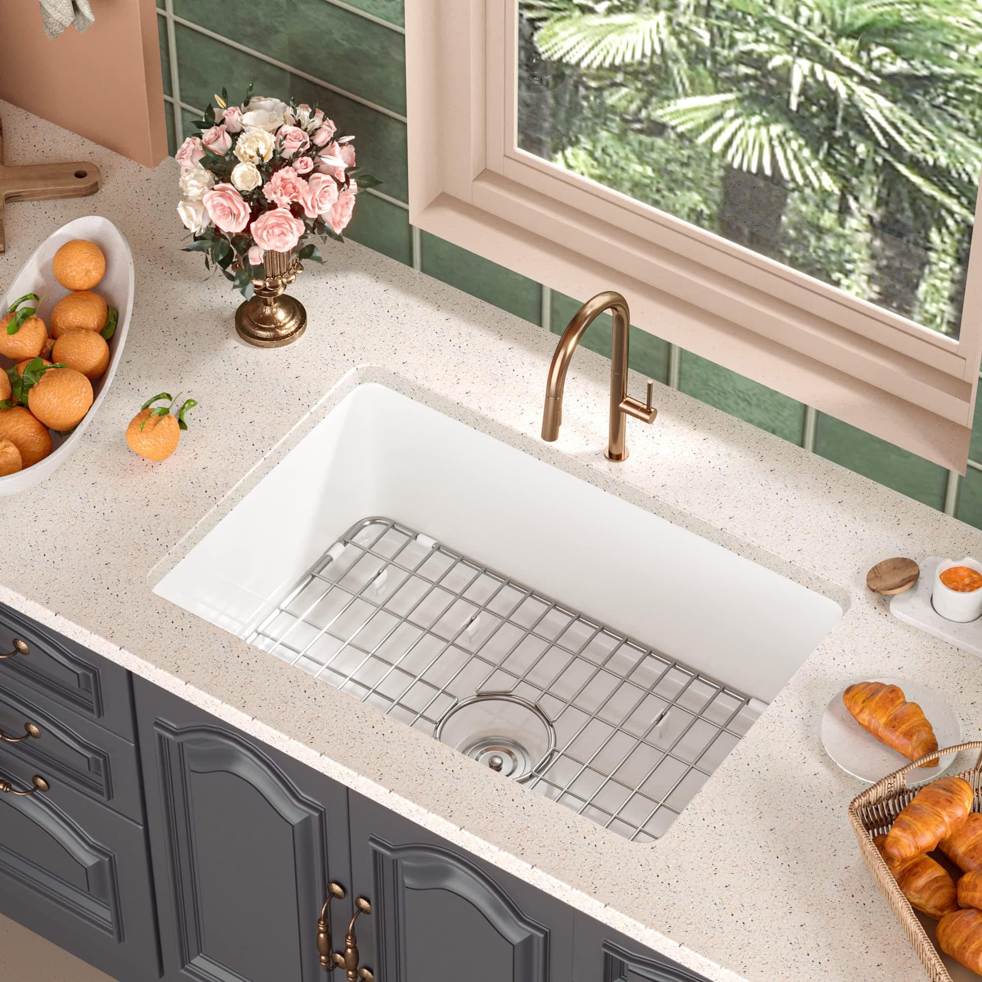 DeerValley Undermount Kitchen Sink 27 inch, White Fireclay Farmhouse Sinks, Single Bowl Large & Deep Basin Drop-in Sink with Bottom Grid and Strainer