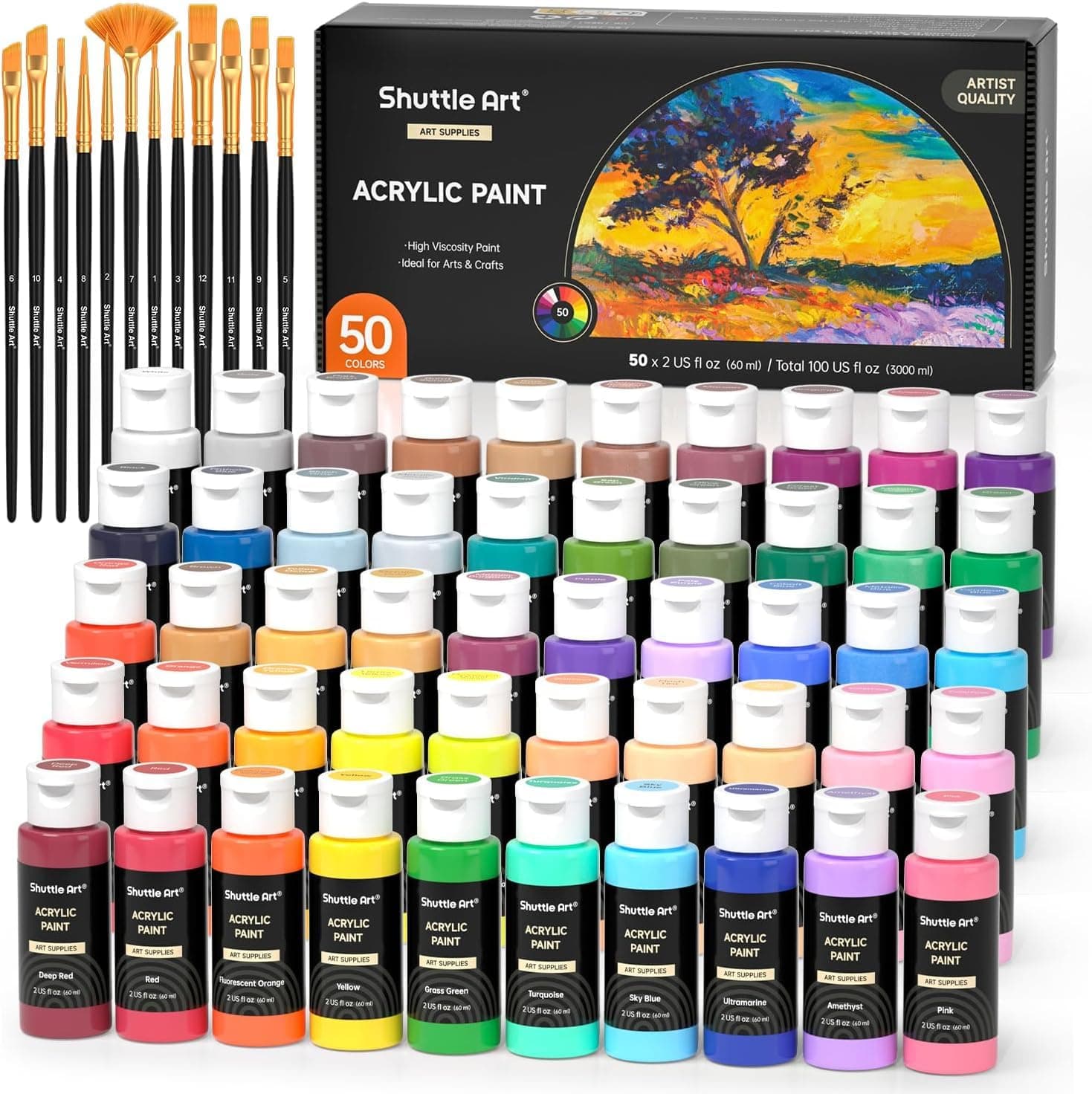 Shuttle Art Acrylic Paints, Set of 50 Colors, Acrylic Pigments, 12 Brushes, Quick Drying, Waterproof, Durable, 60ml, Vibrant, Metallic, Fluorescent Colors, Large Capacity, Stretchable, Illustration,