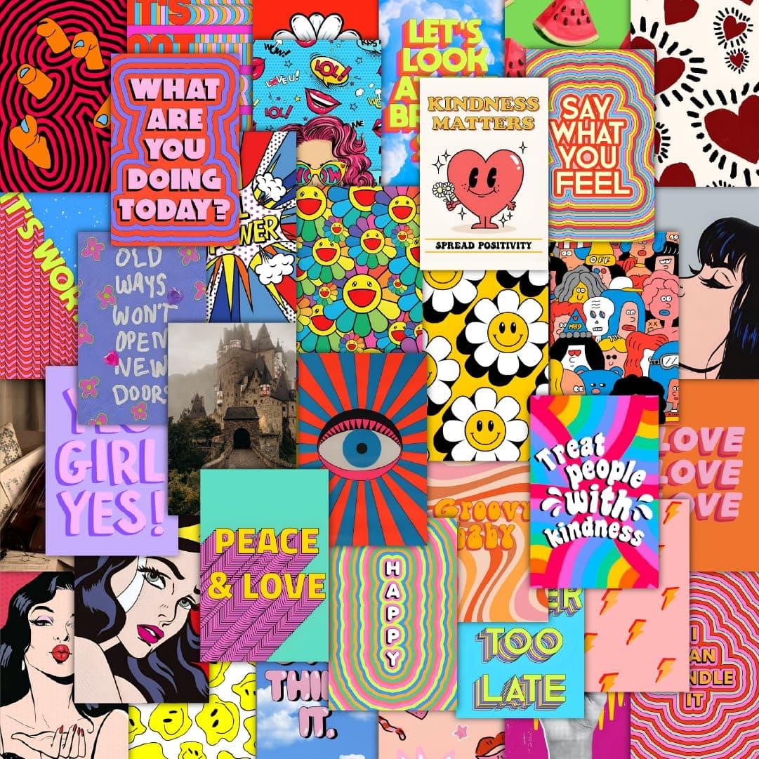 CodersParadise Indie Y2K Wall Collage Kit | Aesthetic Hippie 4x6 Posters | Retro Room Decor for Bedroom, Dorm, Office & Living Room | Thick Cardstock Prints + Glue Dots Included – Pack of 54