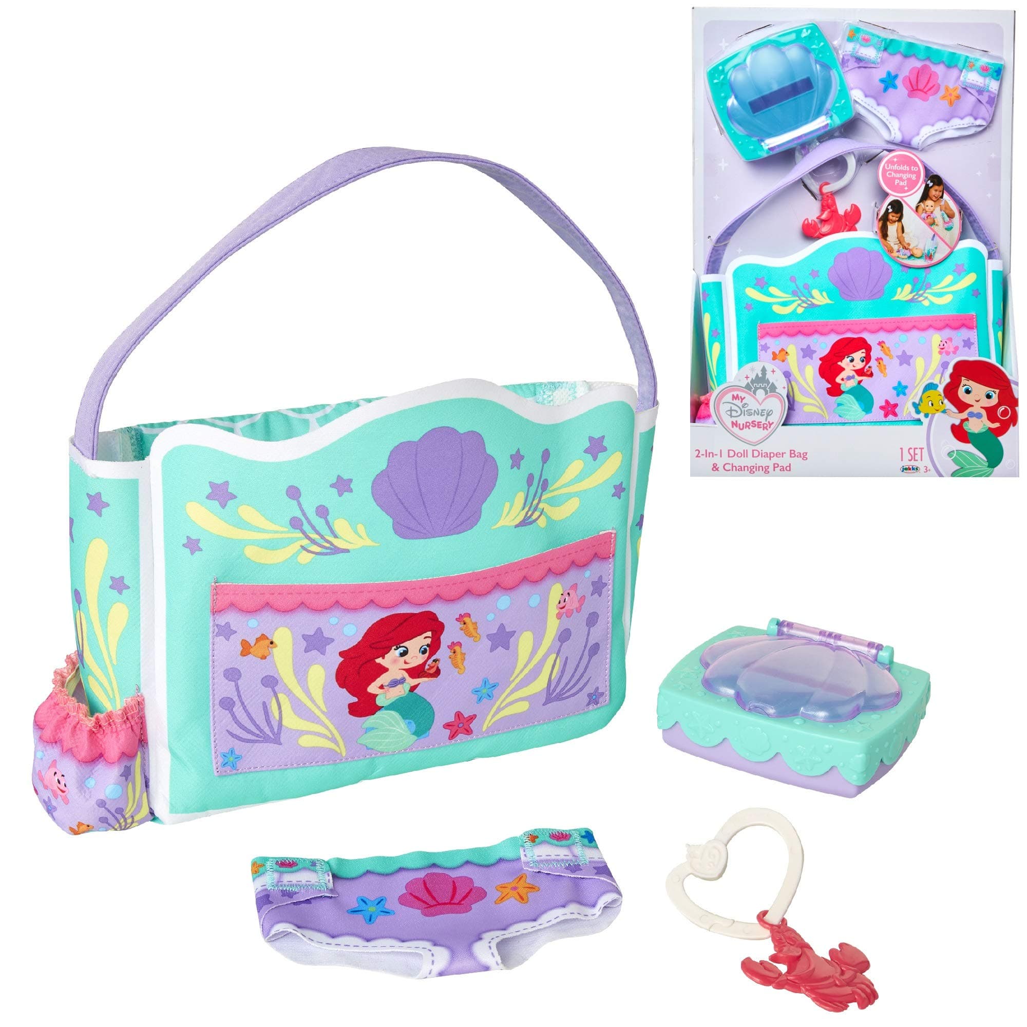 My Disney Nursery Baby Doll Accessories, Ariel Transforming 2-in-1 Diaper Bag & Changing Pad for Dolls Inspired by Disney The Little Mermaid! Pretend Wipes Toy Container, Diaper Clip with Charm