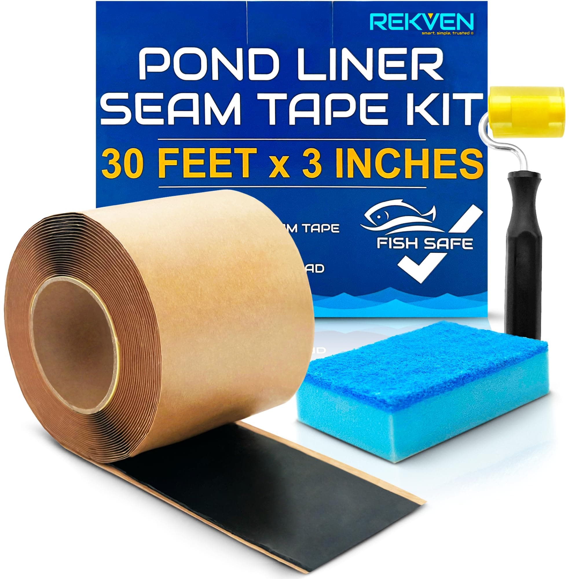 Pond Liner Seam Tape Kit - 30 Feet x 3 Inch - Double Sided Butyl Tape - Bond Seal or Repair EPDM PVC HDPE LDPE RPE LLDPE - Perfect for Small or Large Fish and Koi Ponds (Kit - Roller & Sponge)