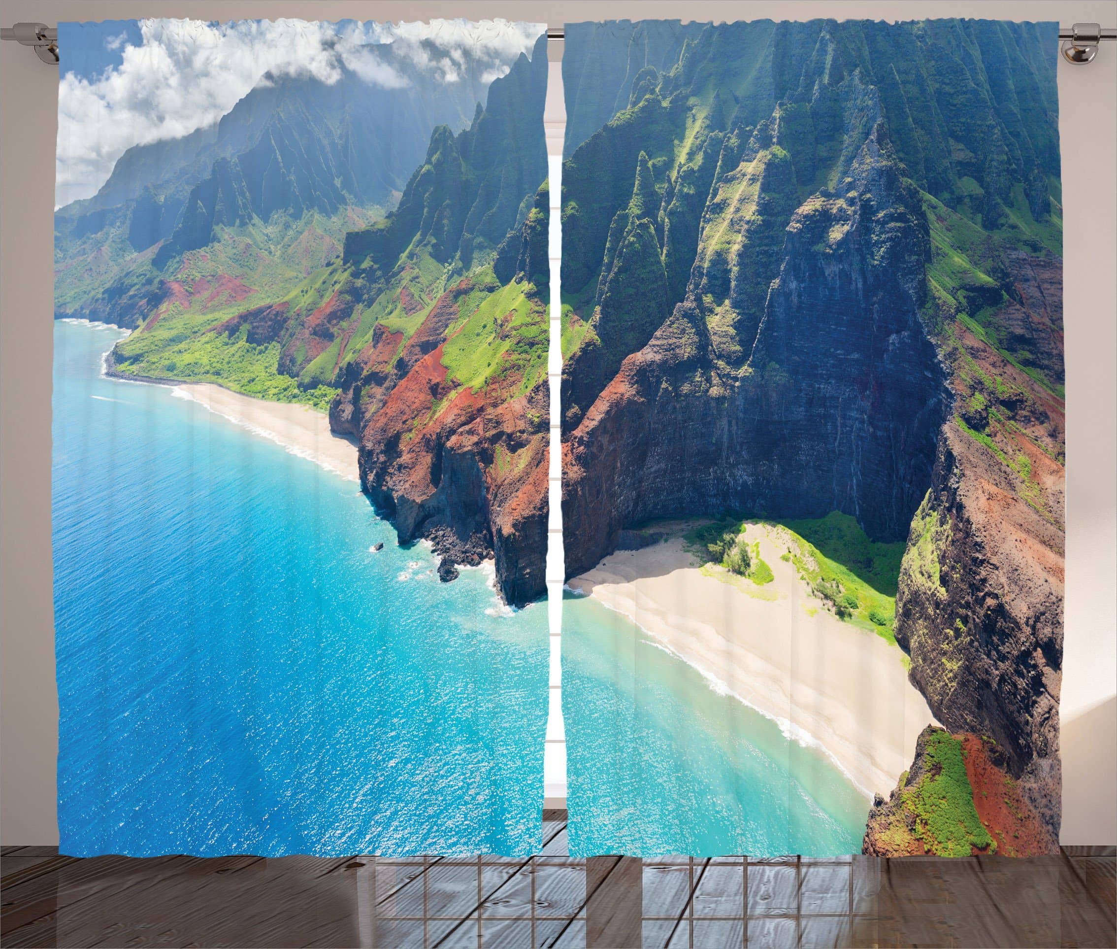 ambesonneAmbesonne Hawaiian Curtains, Na Pali Coast on Kauai Island on Hawaii Sunny Day Seaside Mountain Skyline, Living Room Bedroom Window Drapes 2 Panel Set, 108" X 84", Green Brown