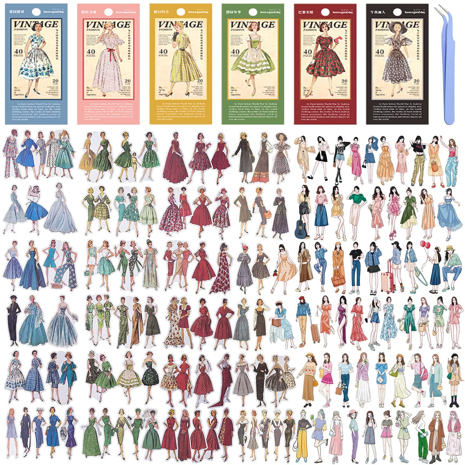 ZOCONE 342 Pcs Scrapbook Stickers with Tweezers, Vintage People Washi Stickers for Fashion Girls Journaling Sticker Scrapbooking Supplies, Precut Bullet Journal Stickers for DIY Crafts Album Envelop