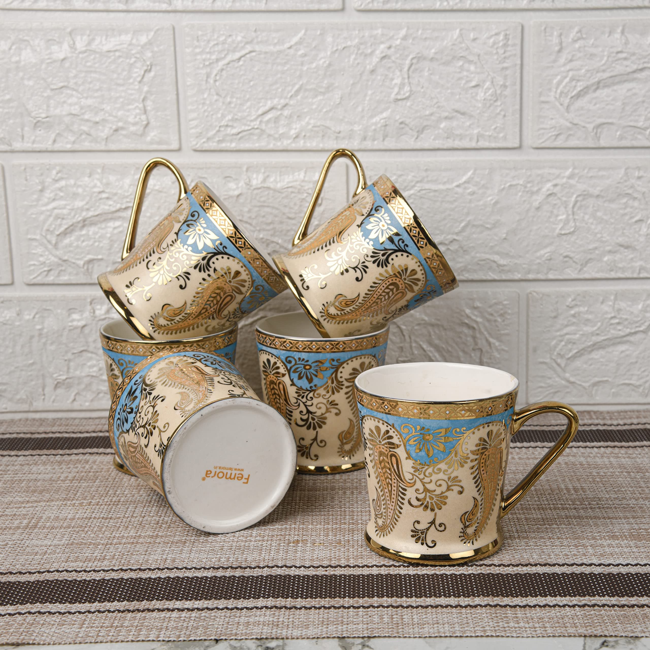 FemoraHandcrafted Ceramic Coffee Mugs Indian Golden Tea Cups Set of 6 (6 oz), Cappuccino Cups, White Cup Set, British Porcelain Latte Espresso Mug.