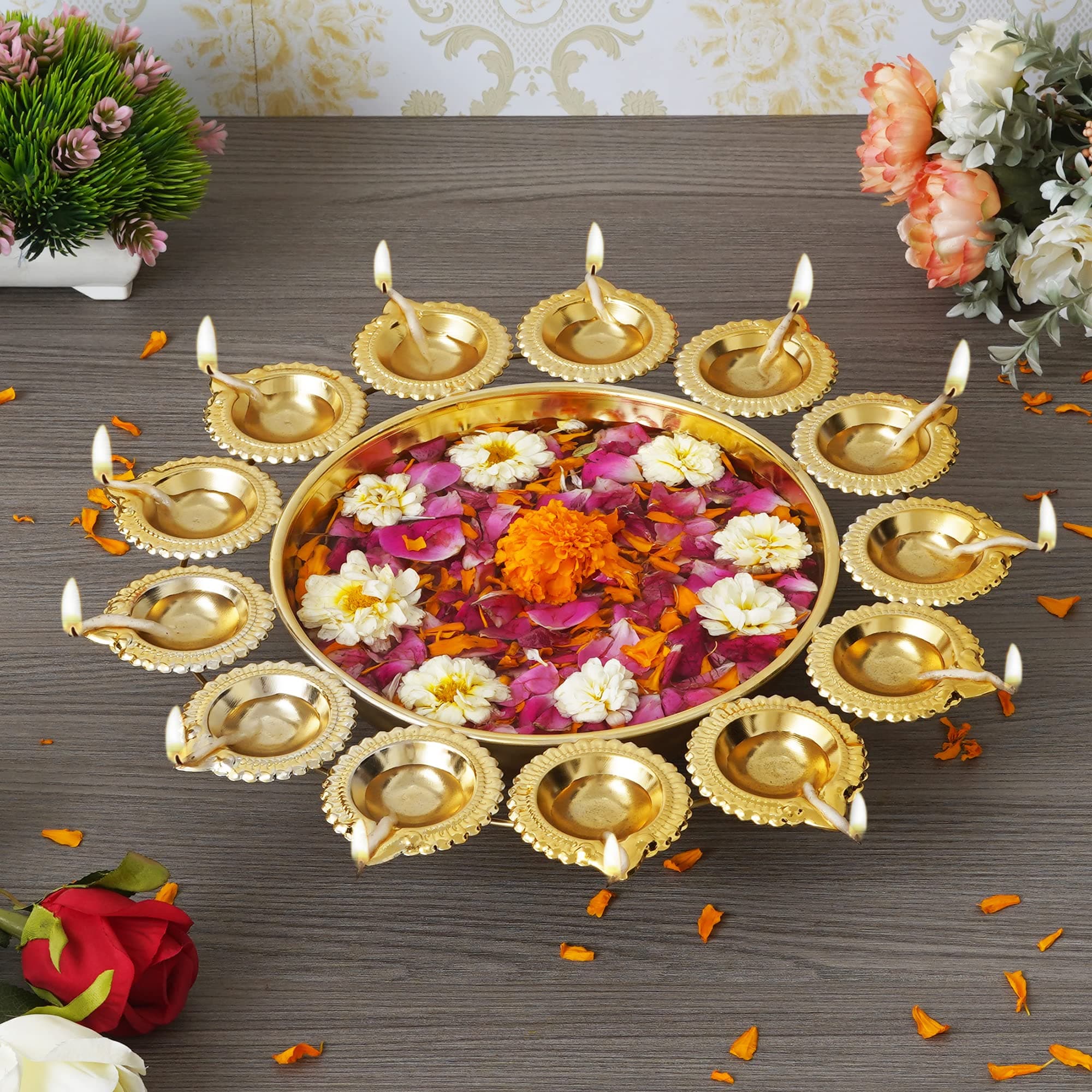 Webelkart Diya Shape Flower Decorative Urli Bowl for Home Handcrafted Bowl for Floating Flowers and Tea Light Candles Home,Office and Table Decor| Diwali Decoration Items, Metal, Gold