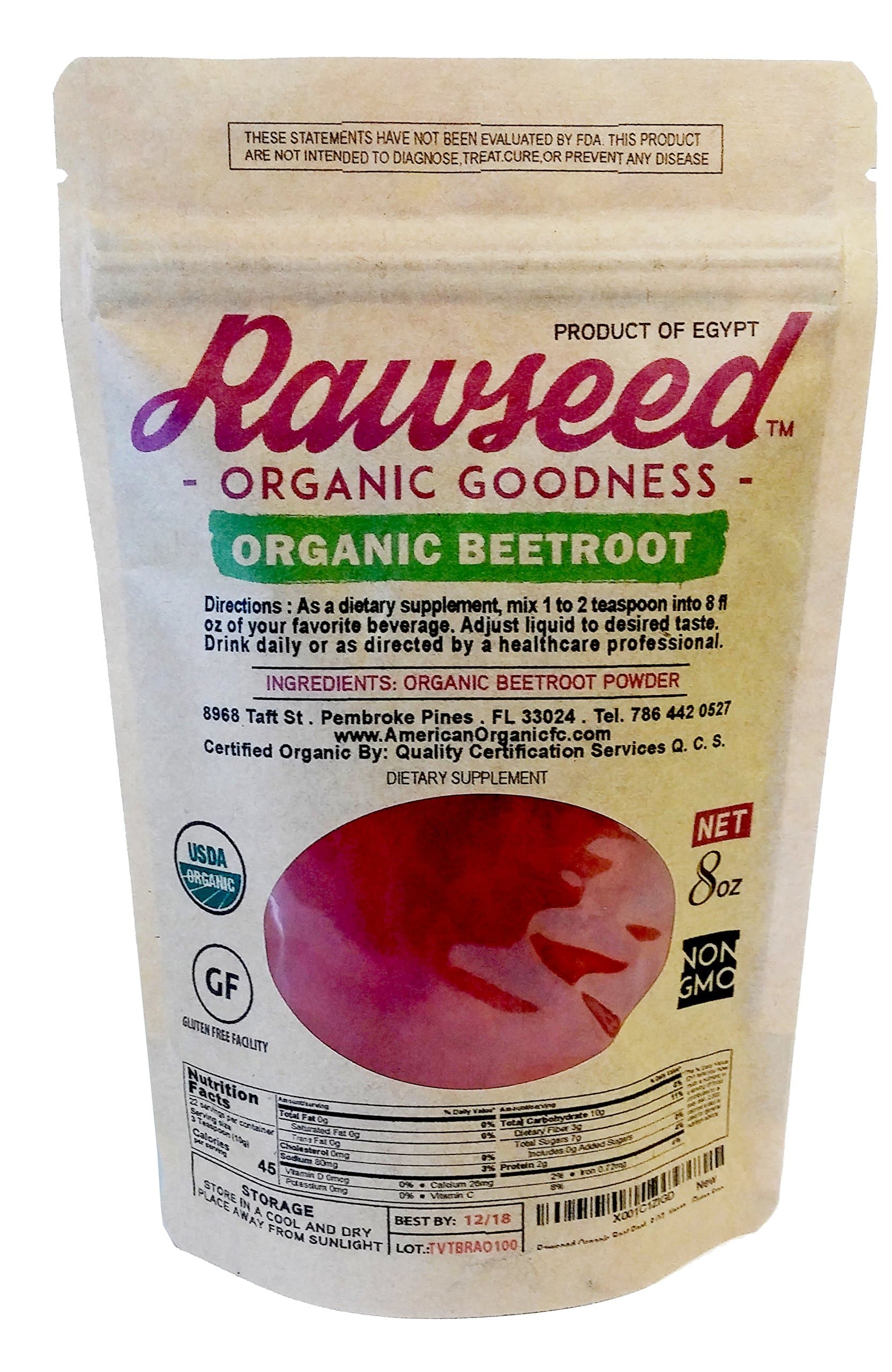Rawseed Organic Beet Root Powder "Beta vulgaris" 8 OZ (1/2) with a High Nitrate Content. Non - Irradiated Non-sulfites - No Anti Caking Ingredients- Vegan - Gluten Free.