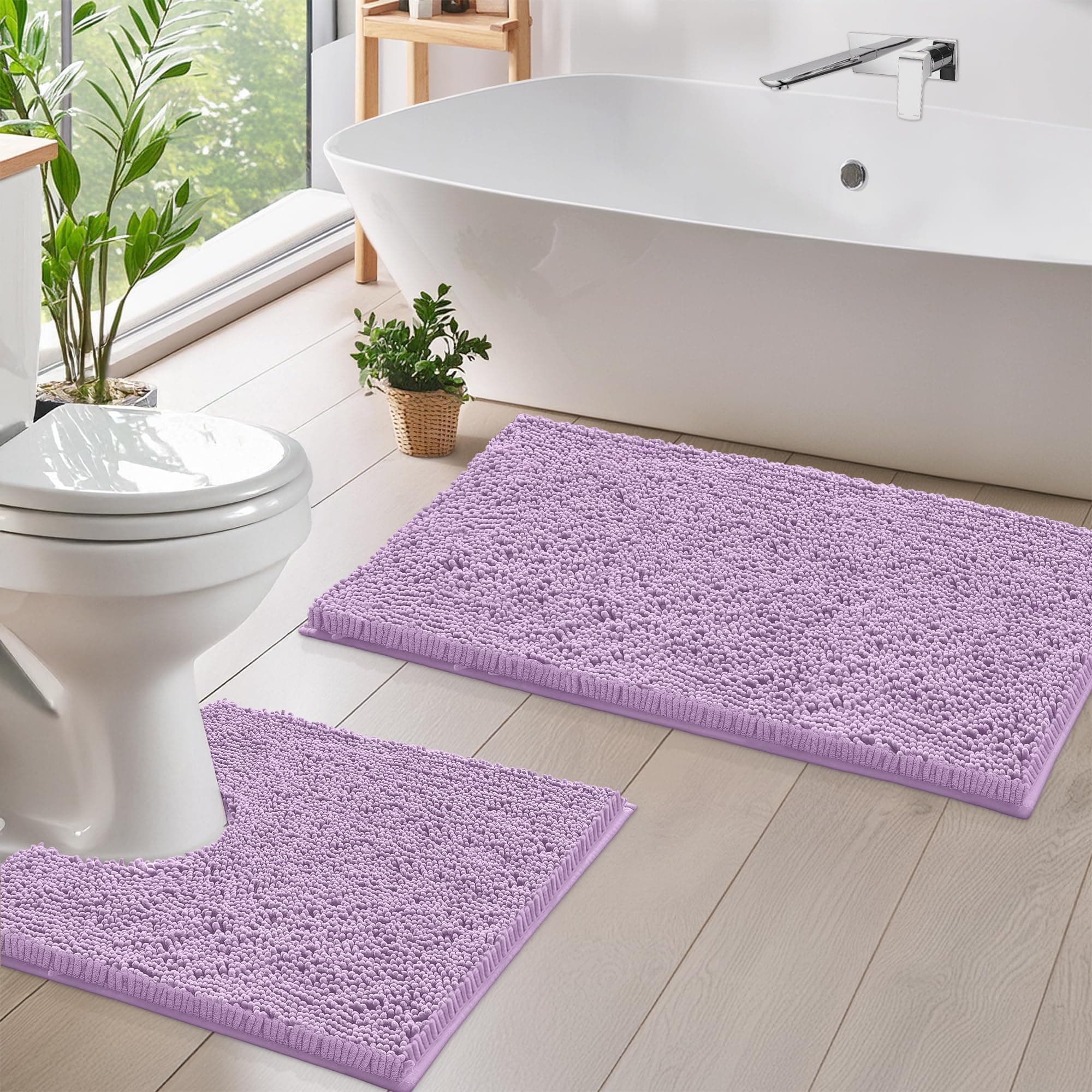 LuxUrux Luxury Chenille (2-Piece) Bath Mat Set, Soft Plush Anti-Slip Rug + Toilet Mat.1'' Microfiber Shaggy Carpet, Super Absorbent (Lavender, 80 x 50 cm + U Shaped 50 x 50 cm)