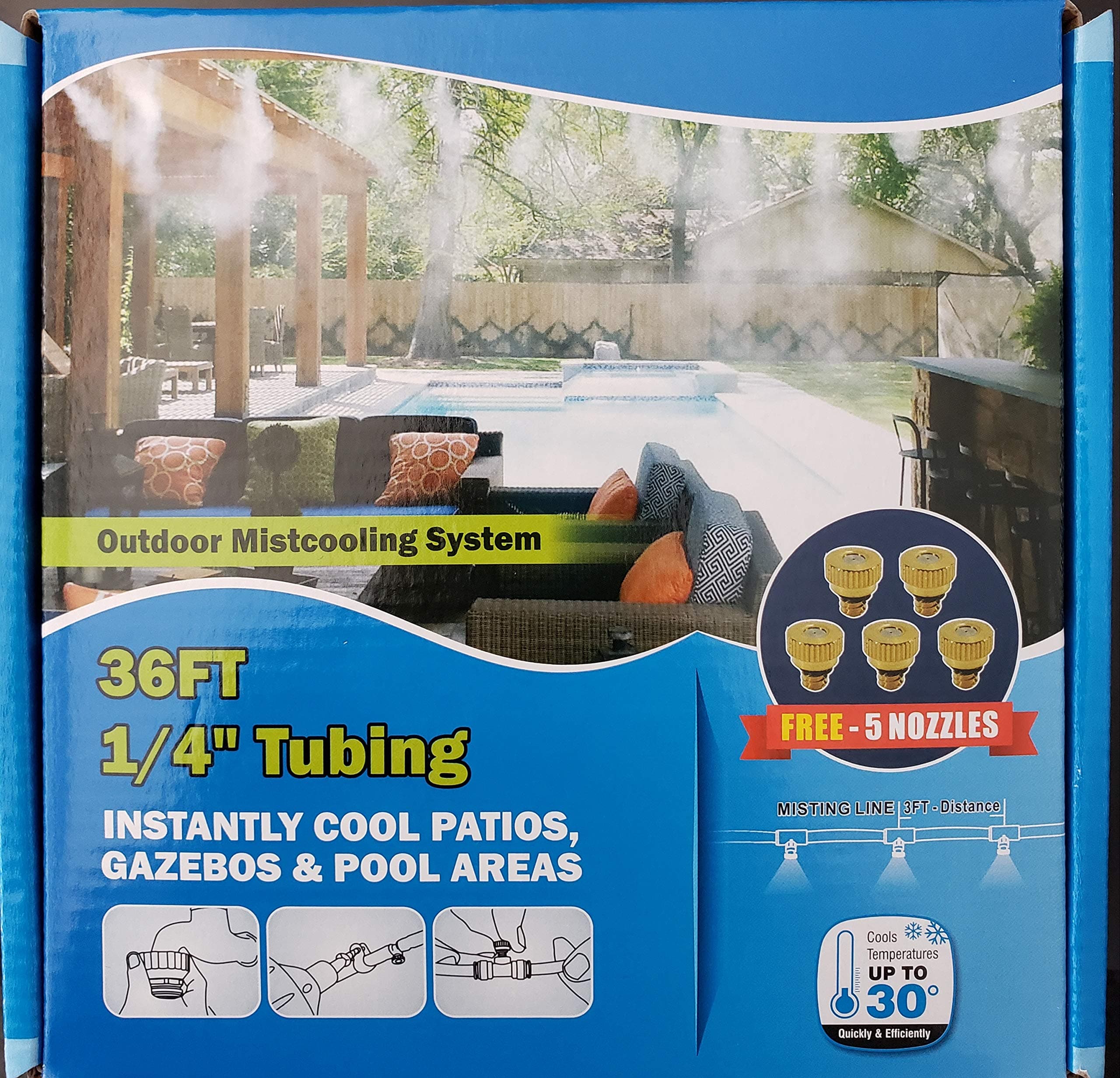 Patio Cooling Misting System | Outdoor Cooling System for Outdoor living. Reduces temperatures by up to 30 Degrees. DIY Misting system with Misting Nozzles. 36 Ft System with 8 Misting Nozzles.