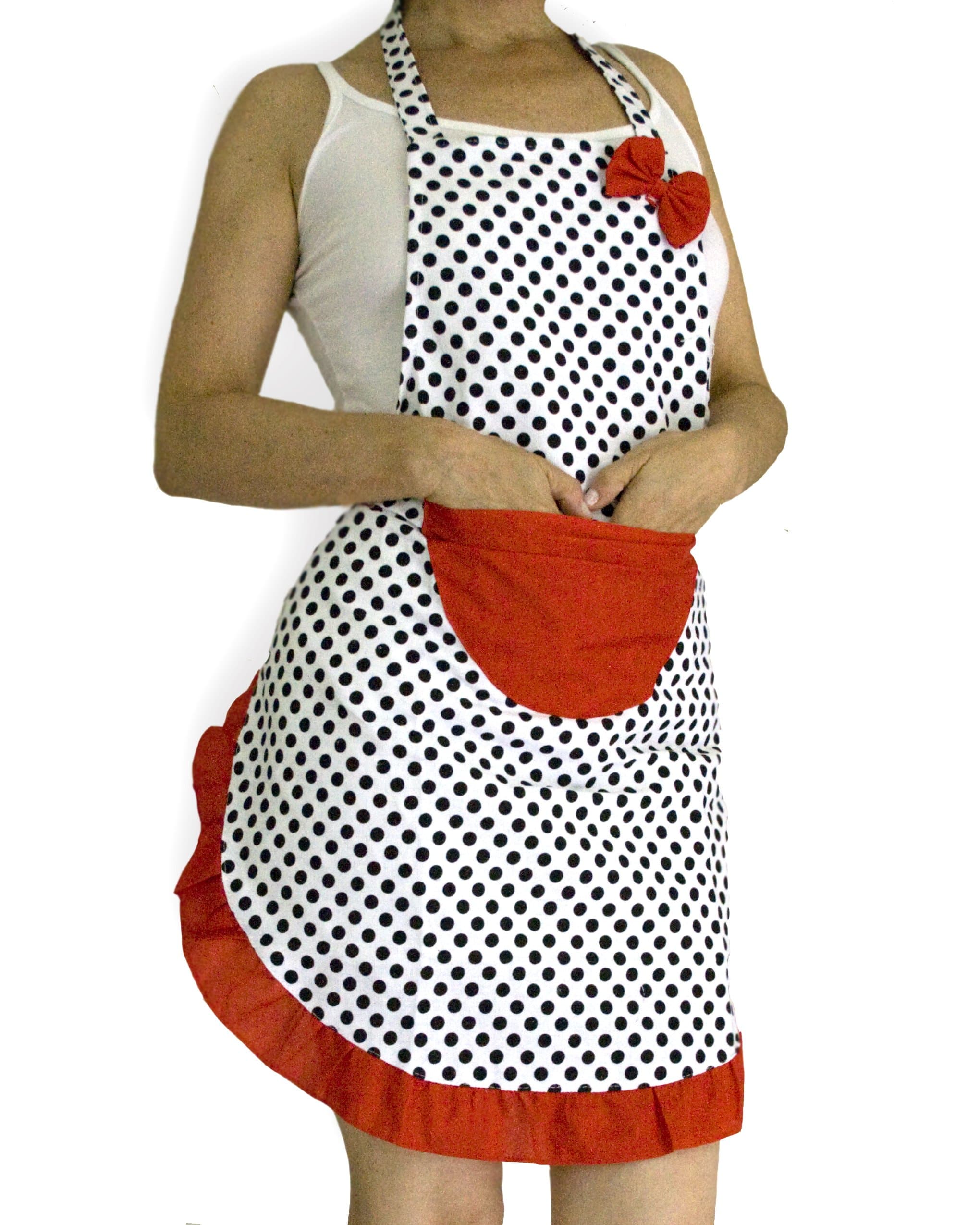 Cute and Flirty, with Dotted Pattern and Red Pocket on White Background, Polycotton Canvas Multifunctional Waterproof Apron for Women, to Protect Your Cloth While Cooking, Painting, Gardening, Art Crafting and Much More (Red)