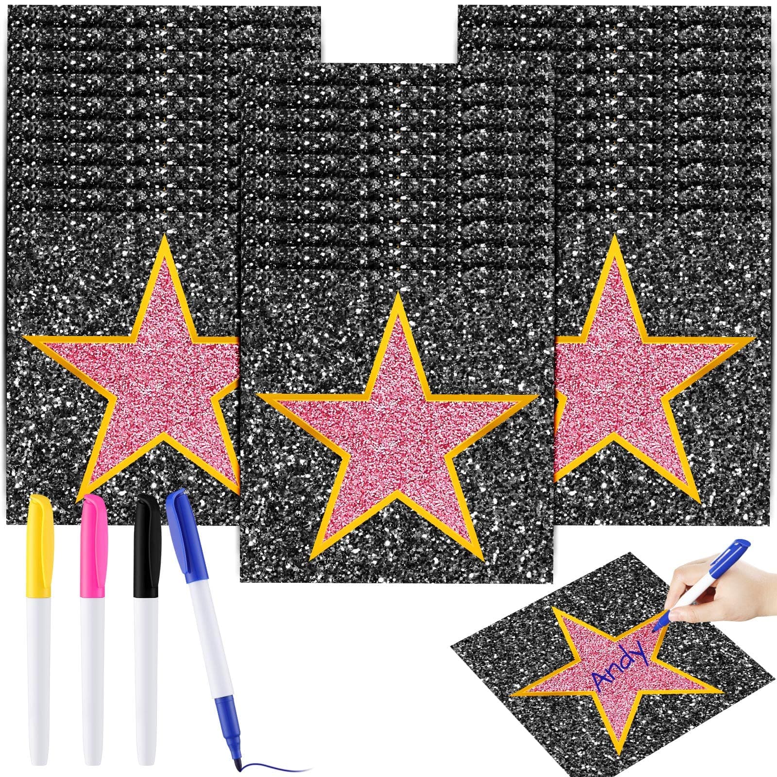 Chivao 26 Sheets Movie Night Bulletin Board Classroom Star Decor 11 Inches Large Red Carpet Movie Star Stickers with Pens DIY Classroom Bulletin Board Decor for Welcome School Chalkboard Wall