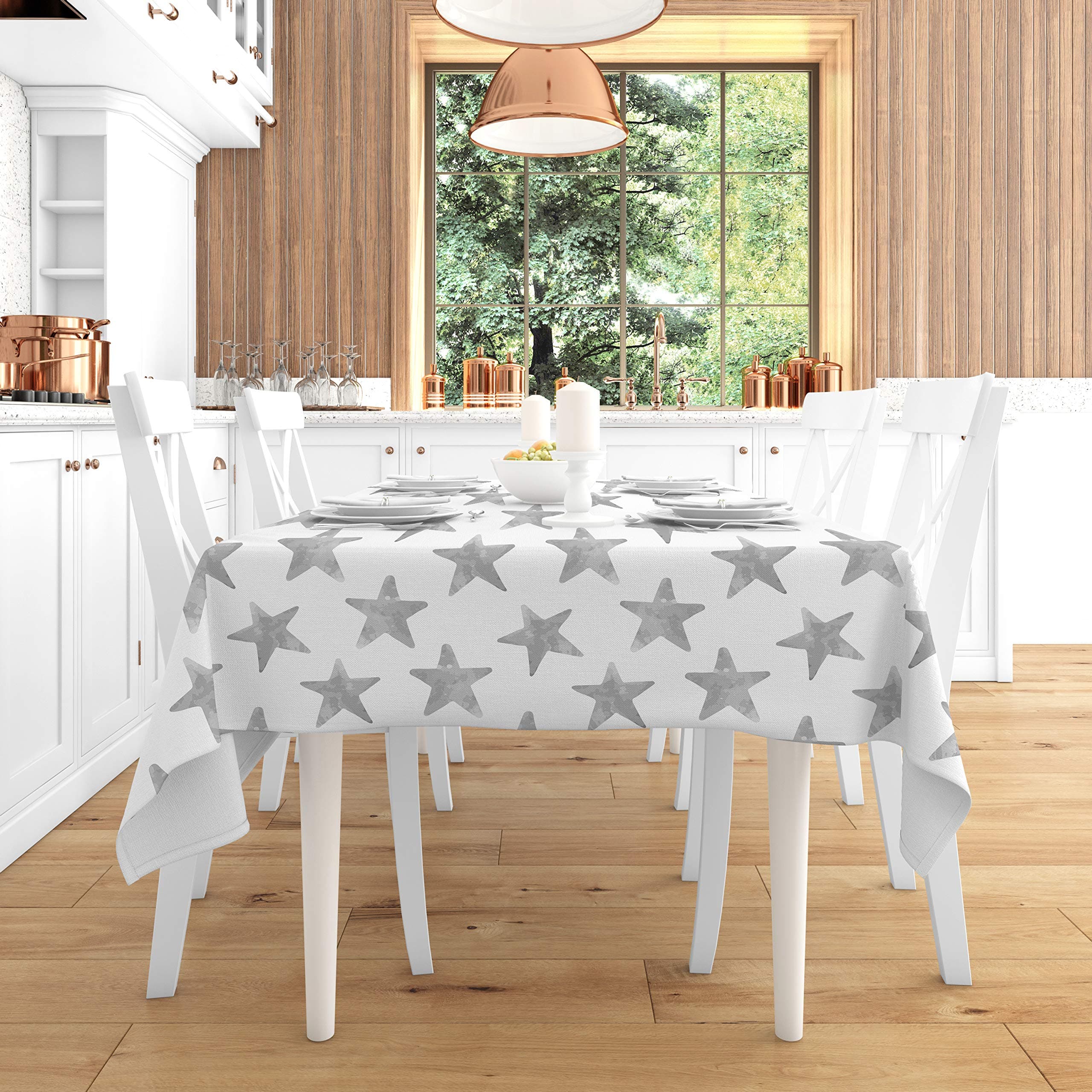 Doddlee Waterproof Wipe Clean Tablecloth Grey Stars Rectangular Fabric for Kitchen Dinning Tabletop Buffet Decoration (135x180cm, 70" x 53")