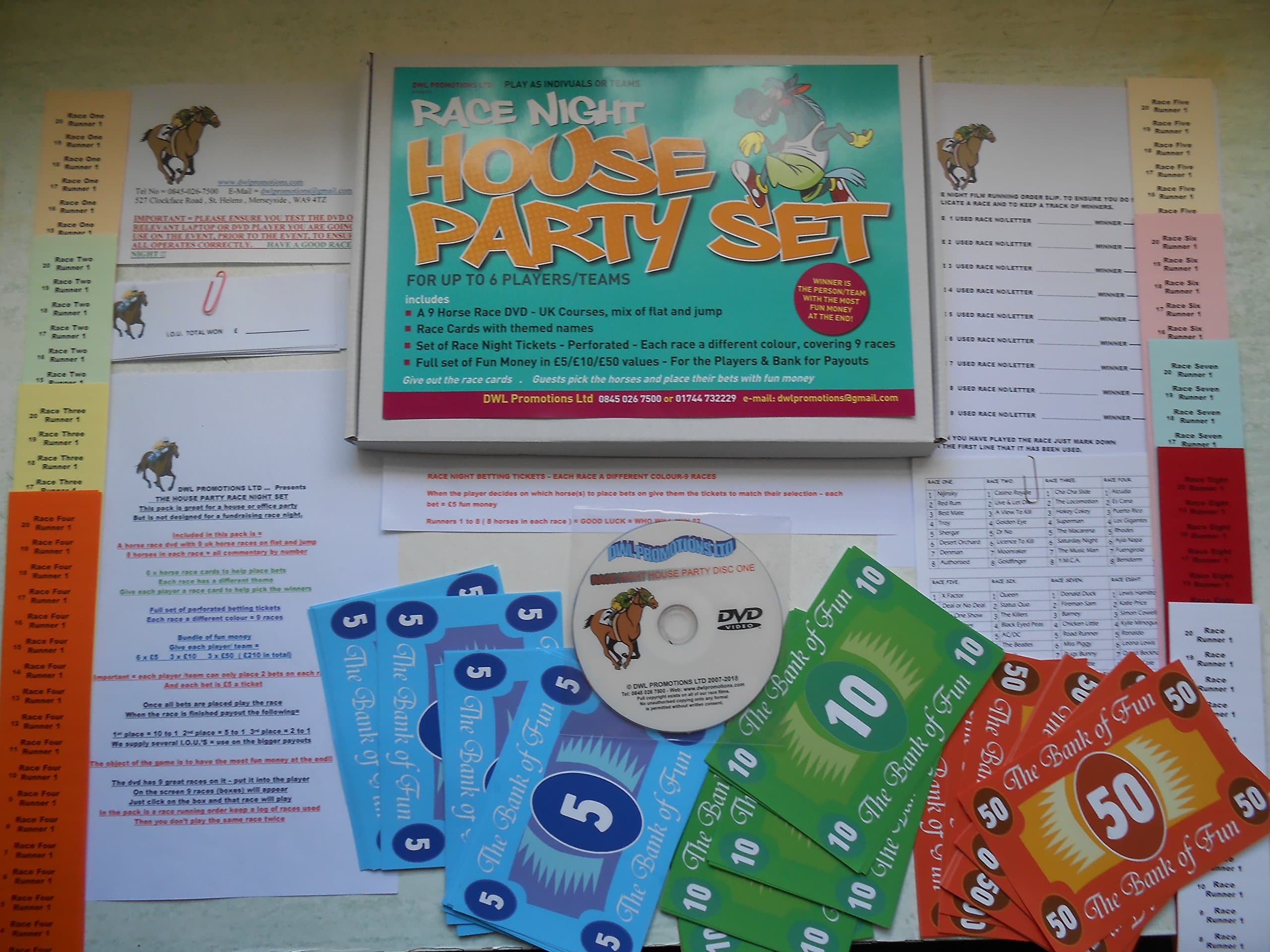 RACE NIGHT HOUSE PARTY SET - ALL YOU NEED TO BRING THE THRILLS OF THE RACES TO YOUR LIVING ROOM -DVD - TICKETS AND FUN MONEY - the player or team with the most fun money is the winner
