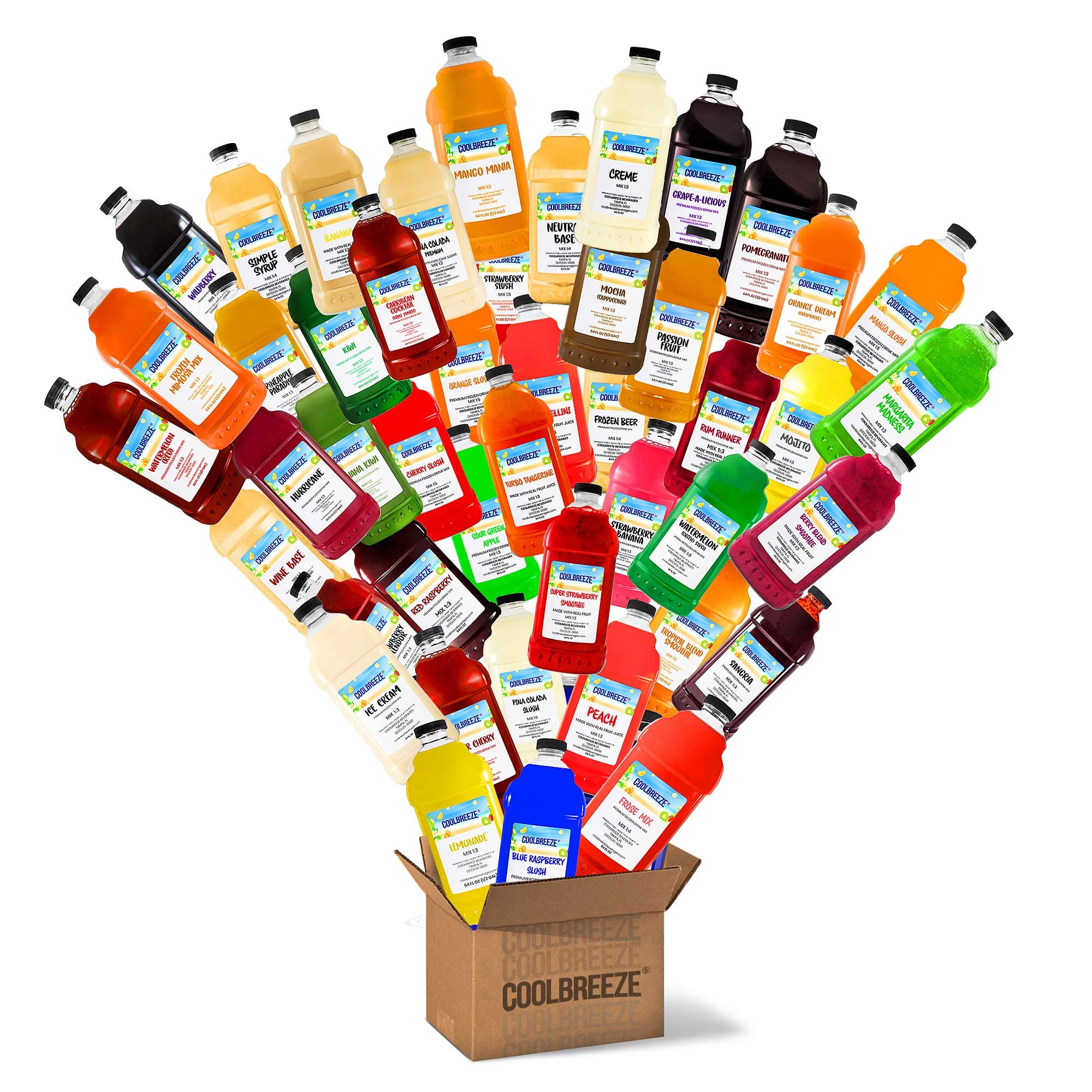 - Coolbreeze Beverages Frozen Slushy Flavor Syrups Pick Six Mix & Match / 50+ Flavors Frozen Drink Machine Mix, Smoothie Blends, Granita Slush, Snowcone Flavor Syrups - Pick 6 Bottles